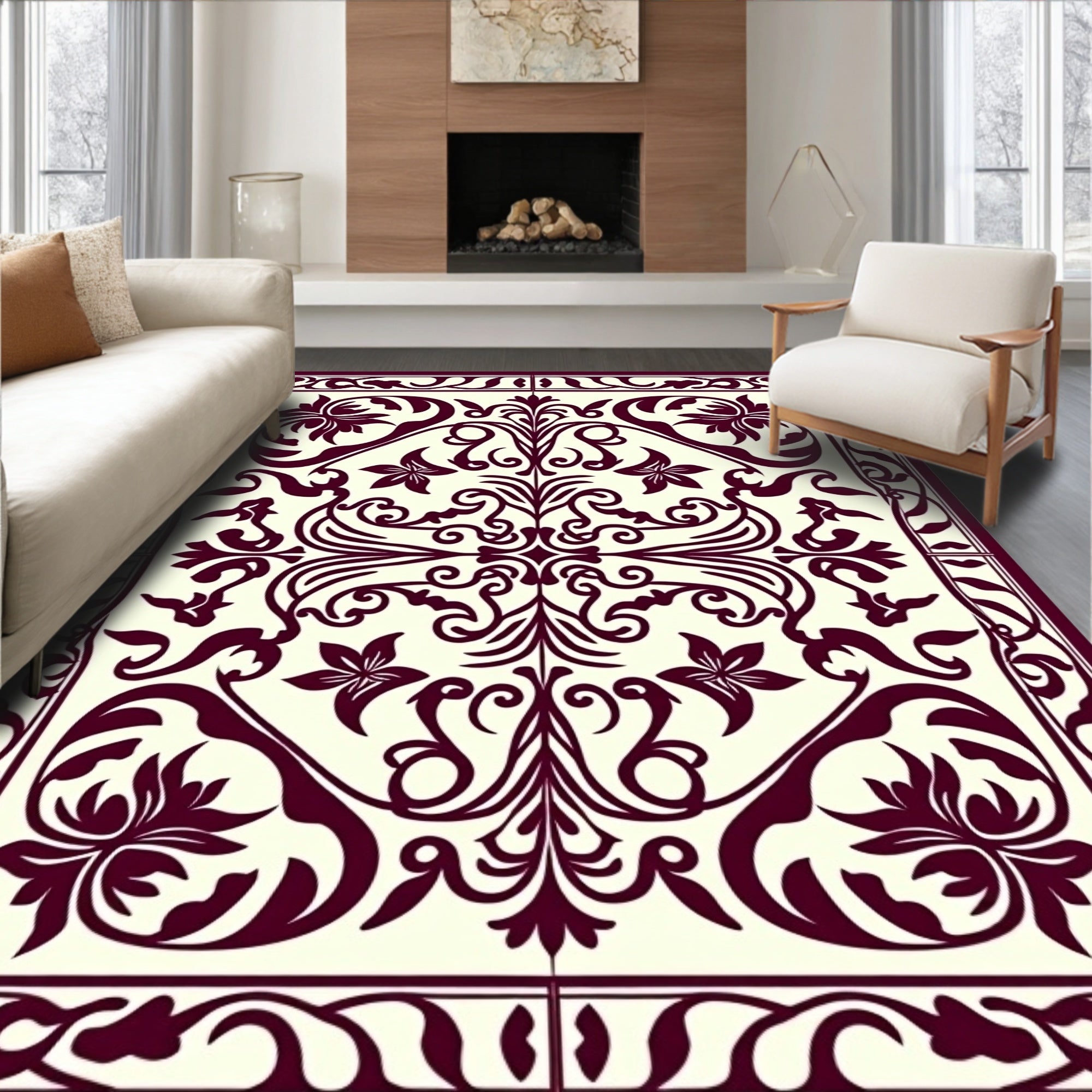 Crimson Floral Lattice Bordered Rug