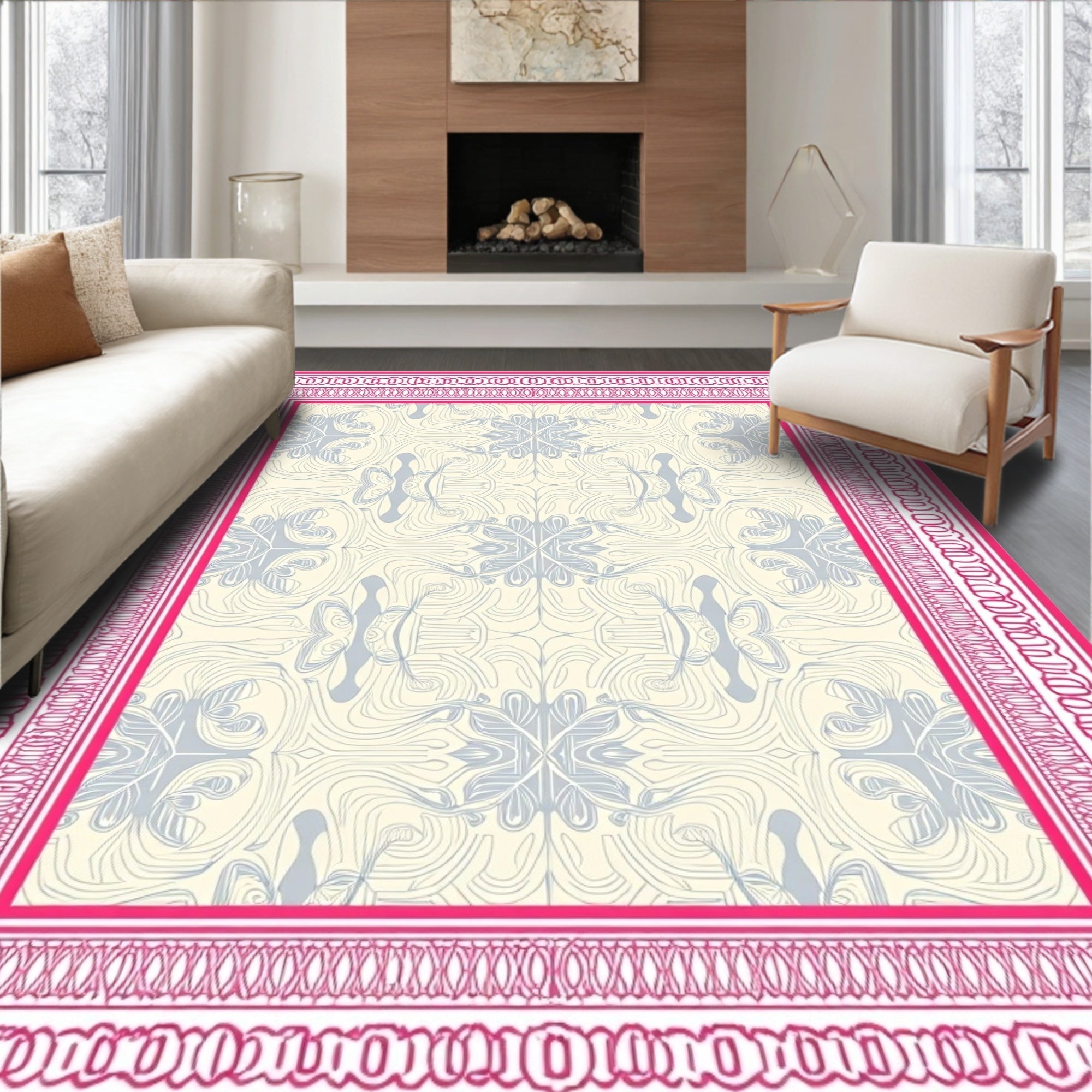 Fuchsia Border Cream Organic Swirl Rug