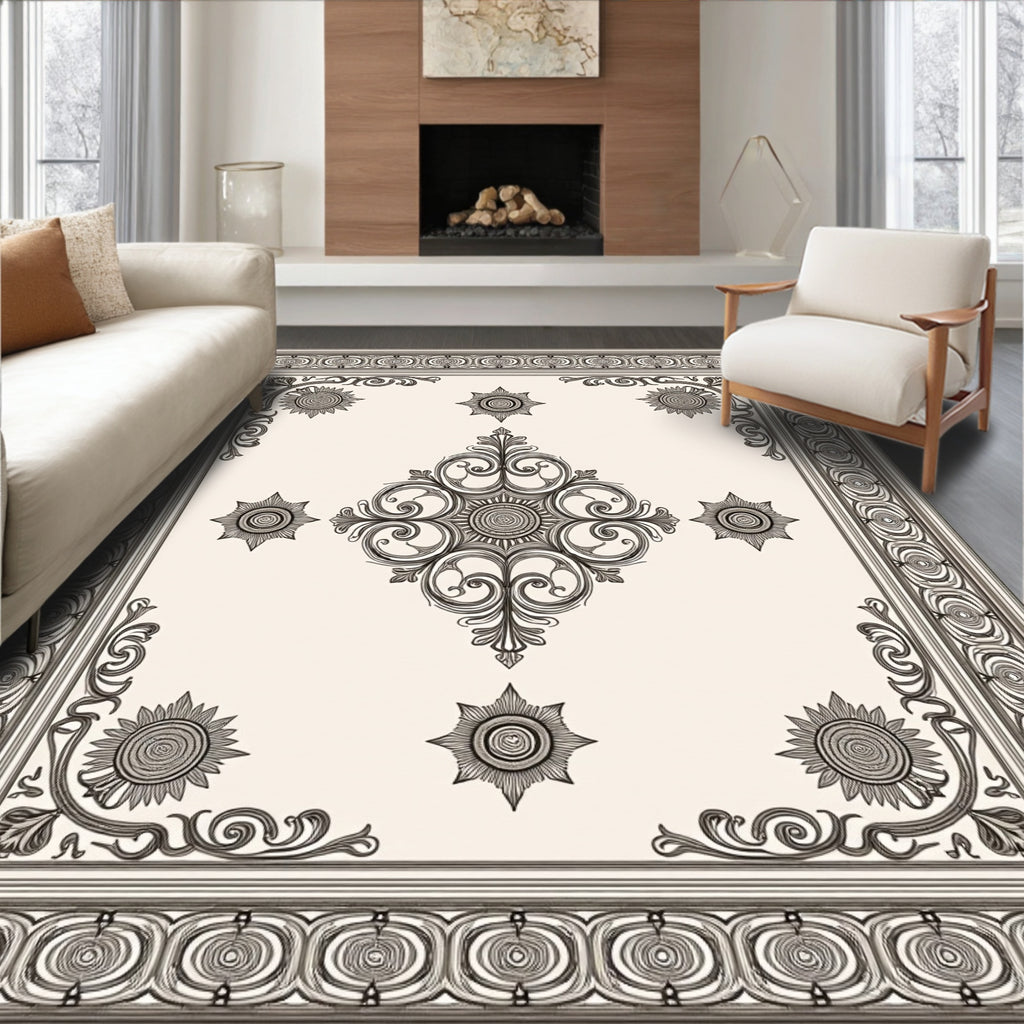 Ornate Black and Cream Scrollwork Medallion Rug