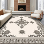 Ornate Black and Cream Scrollwork Medallion Rug
