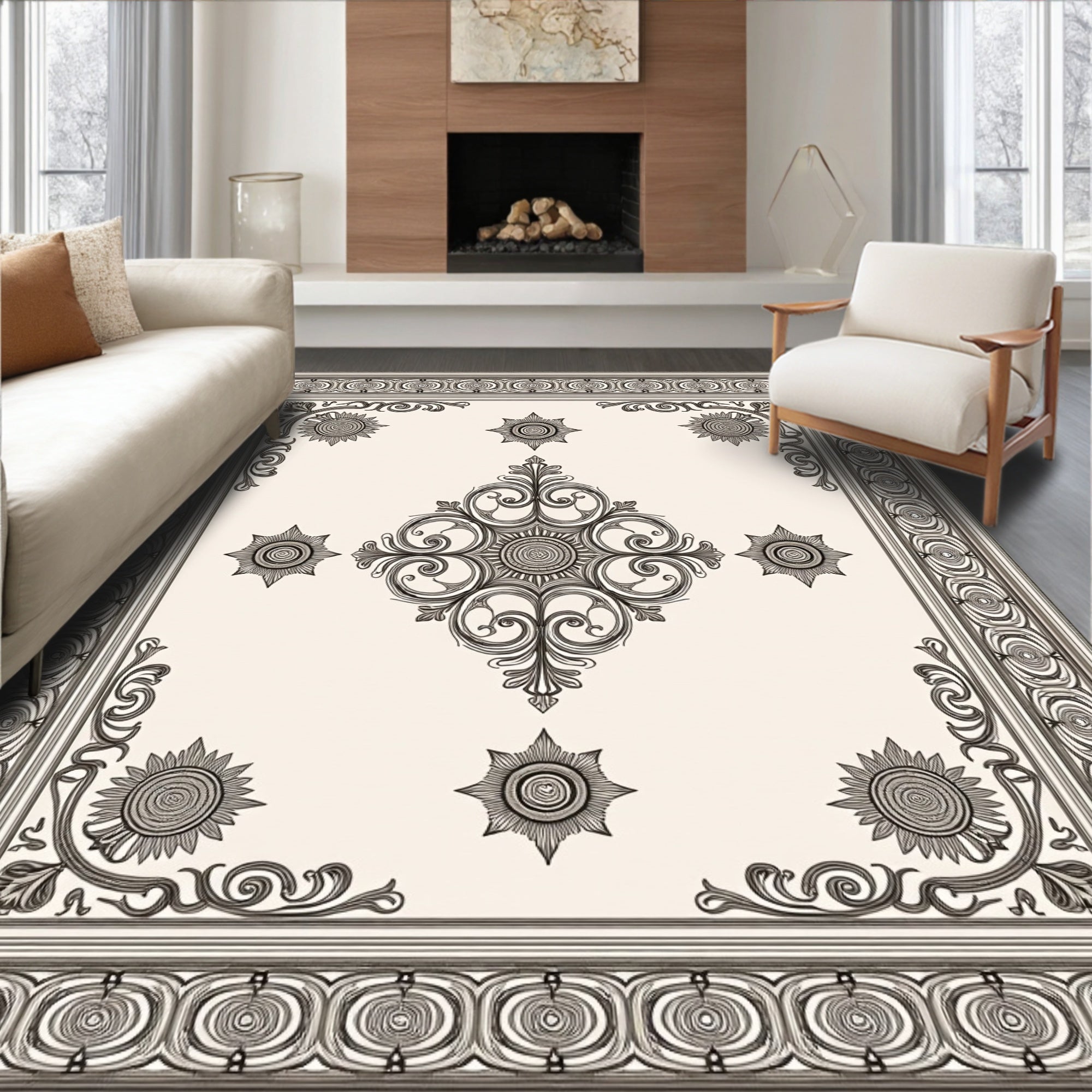 Ornate Black and Cream Scrollwork Medallion Rug