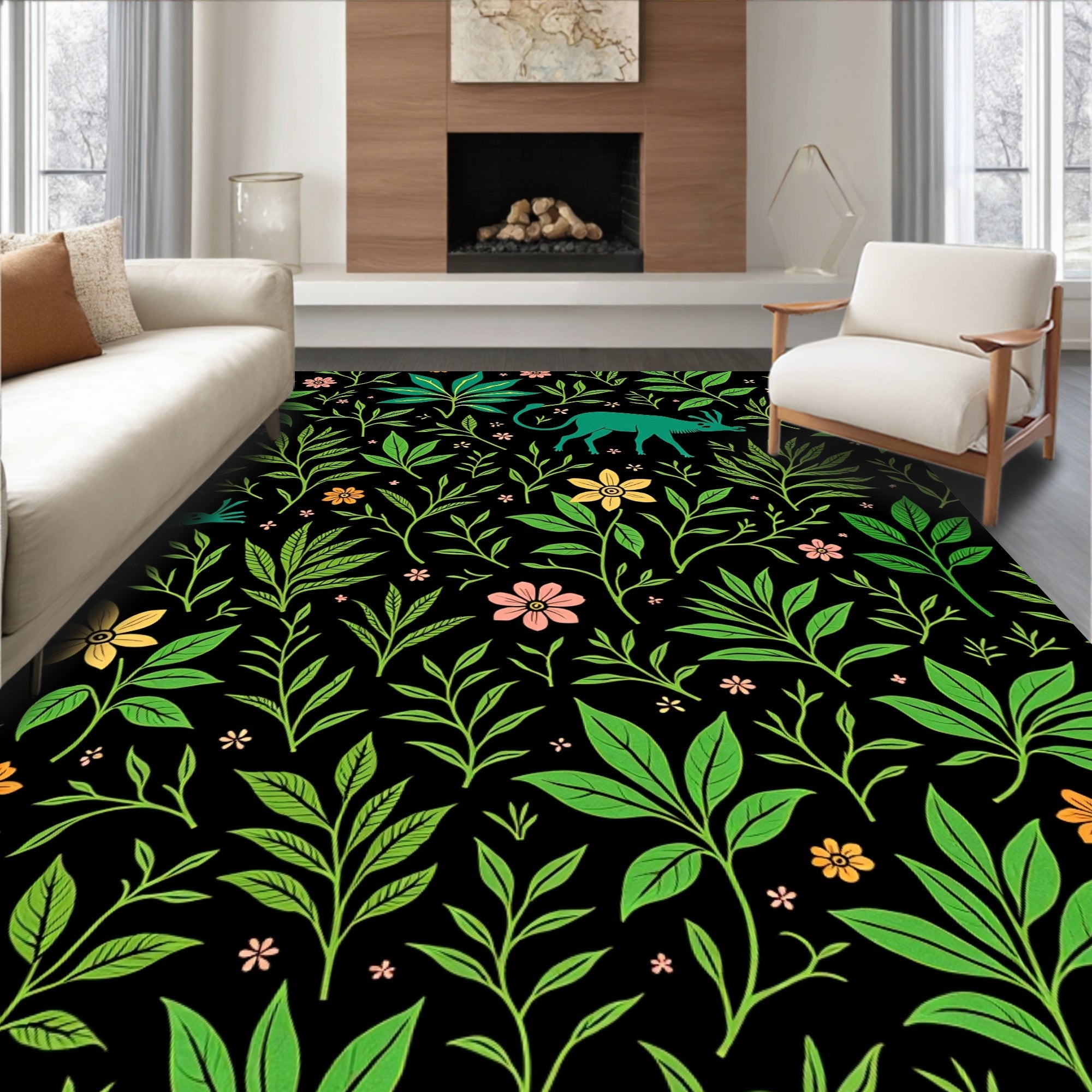Whimsical Green Creatures Floral Garden Rug