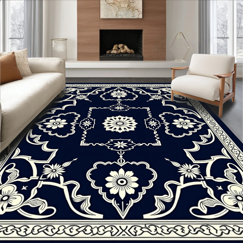Elegant Navy Cream Floral Medallion Rug