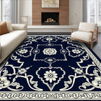 Elegant Navy Cream Floral Medallion Rug