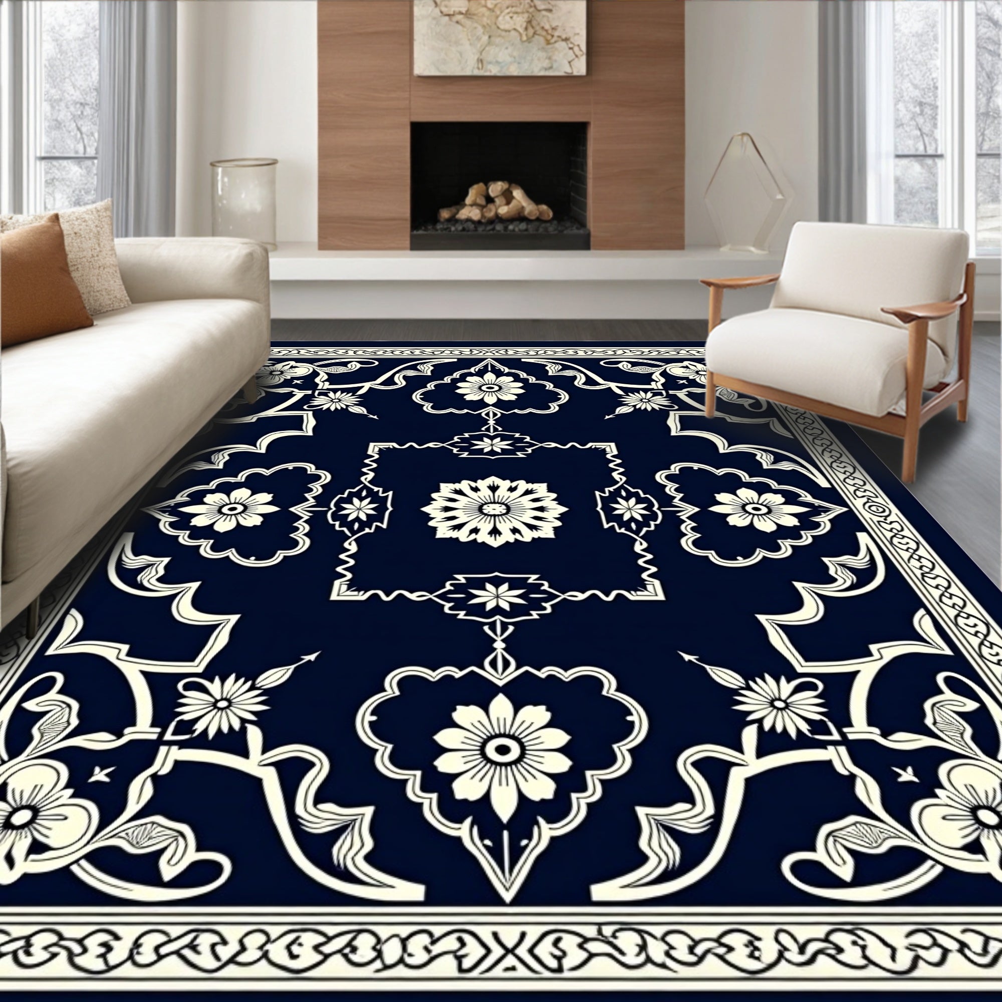 Elegant Navy Cream Floral Medallion Rug
