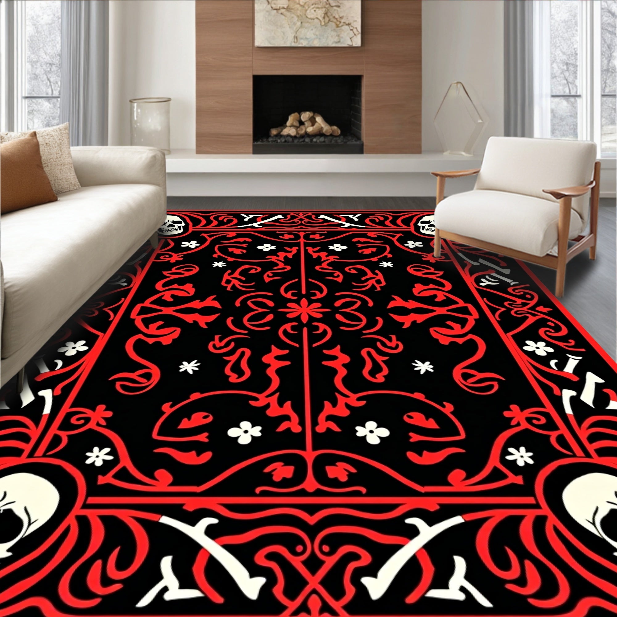 Red Skulls Bone Floral Border Accent Rug