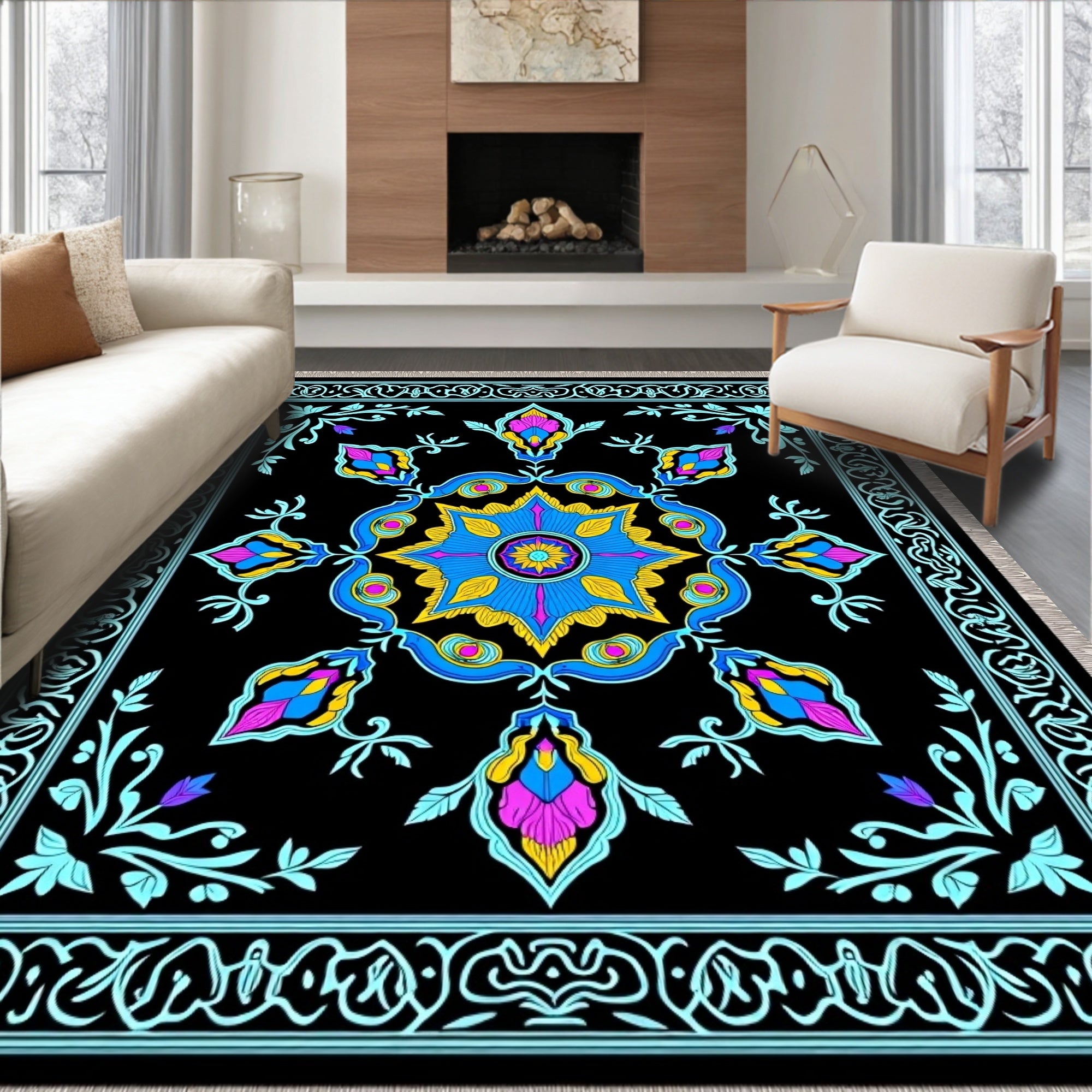 Bold Black Floral Medallion Rug