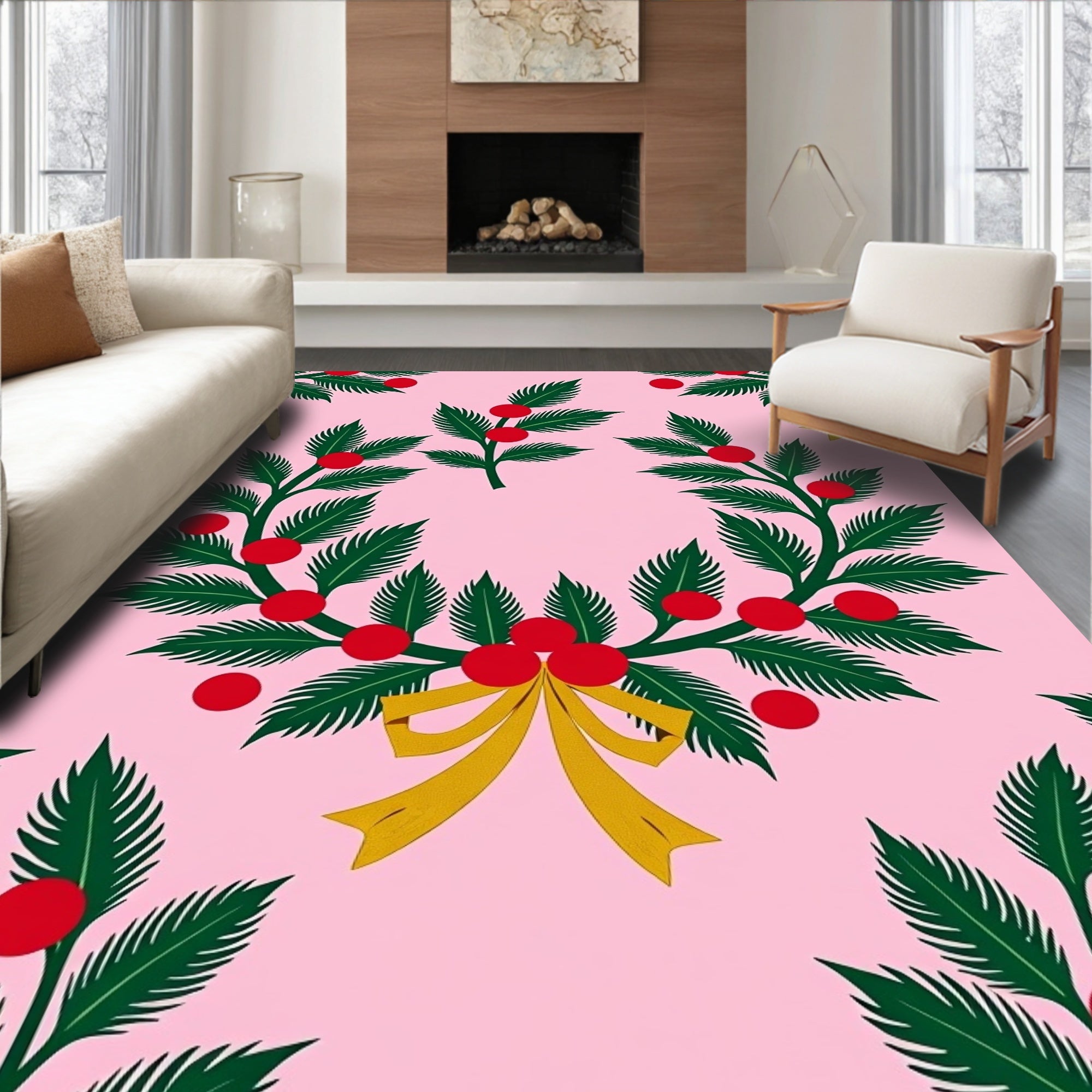 Pink Holly Berry Bow Wreath Rug
