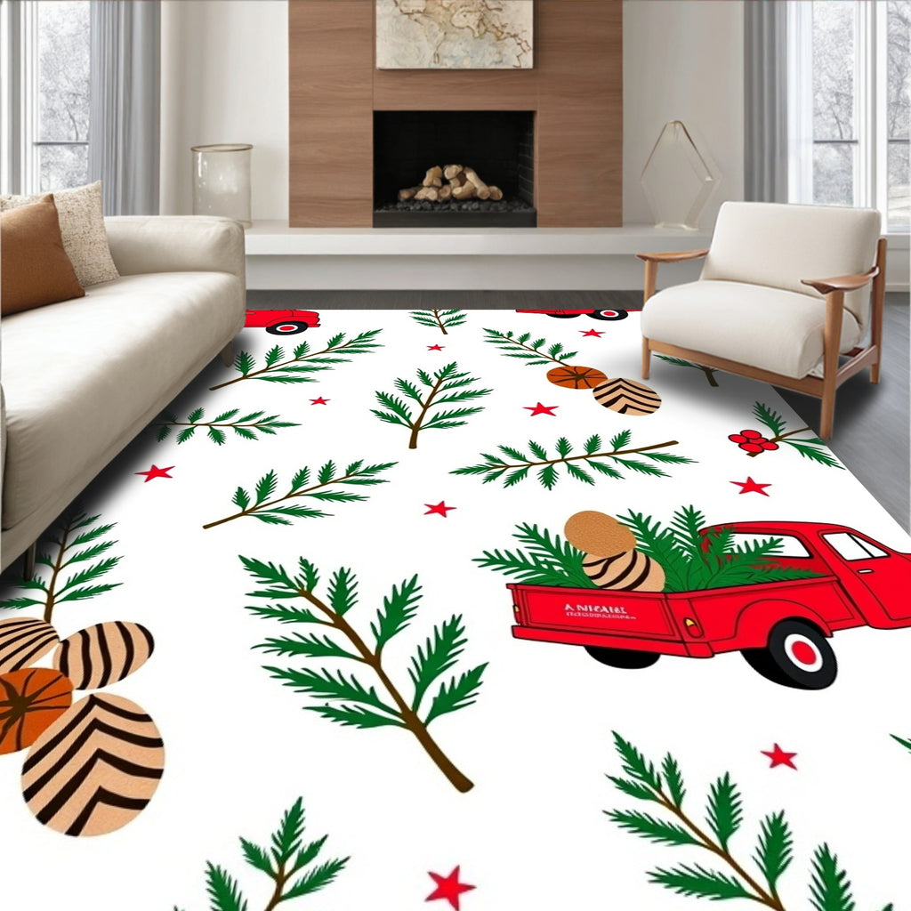 Red Truck Pine Branch Holiday Eggs Rug