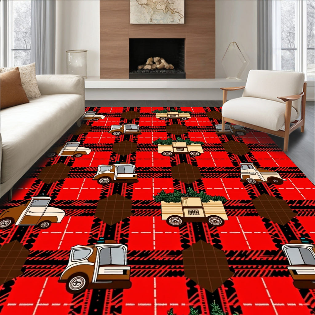 Red Plaid Truck Tree Repeat Rug