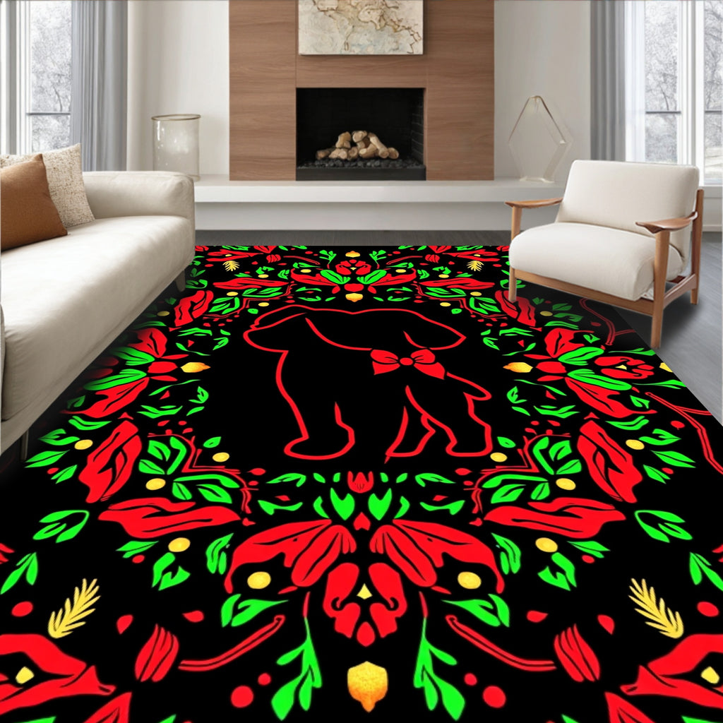 Round Floral Red Green Puppy Motif Rug