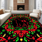 Round Floral Red Green Puppy Motif Rug
