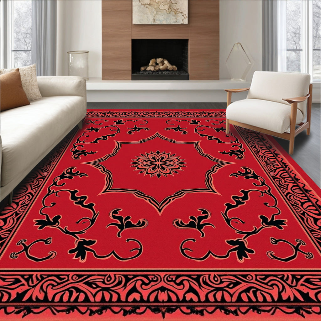Red Black Floral Medallion Border Rug