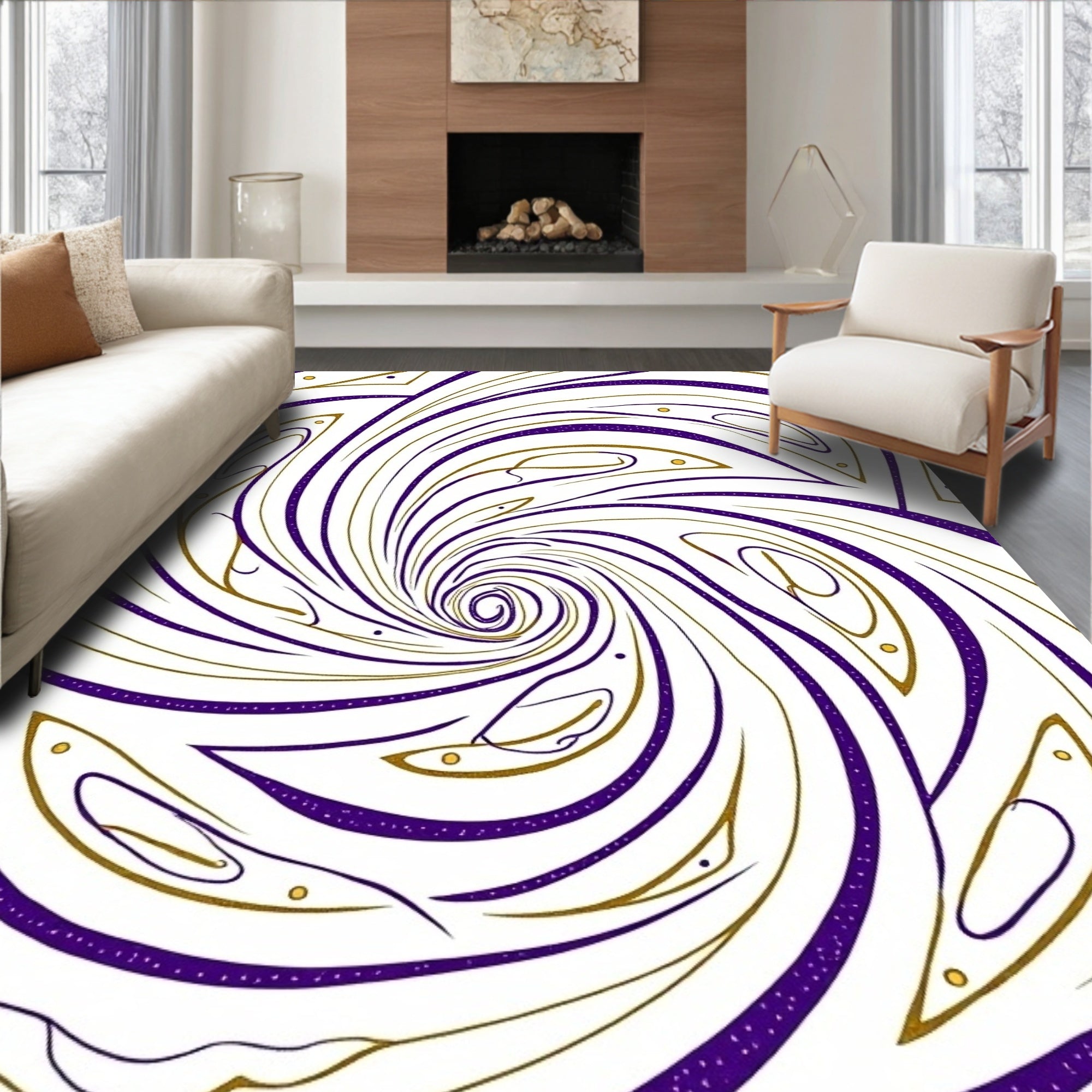 Radiant Purple Gold Swirl Abstract Rug