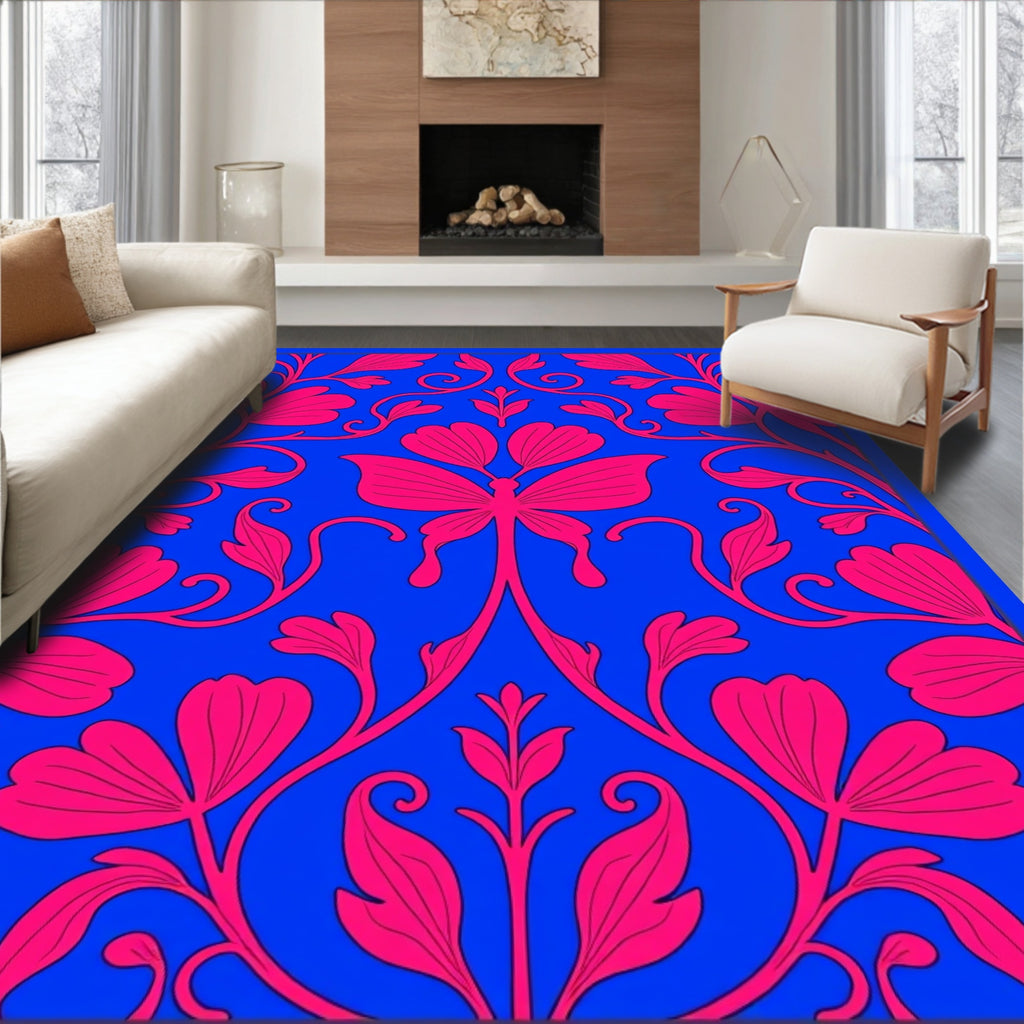 Vibrant Fuchsia Floral Butterfly Vine Rug