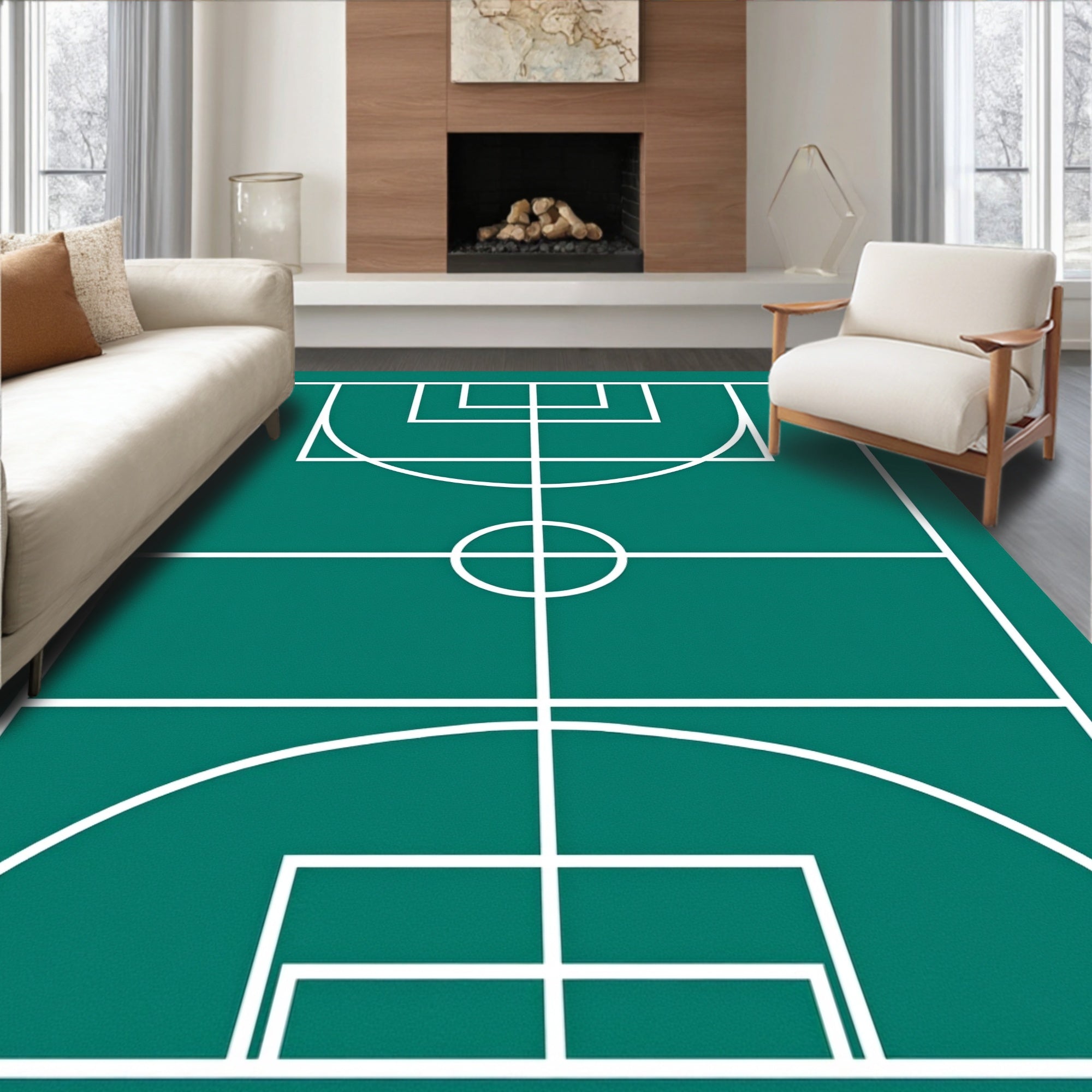 Teal Court Geometric White Lines Rug