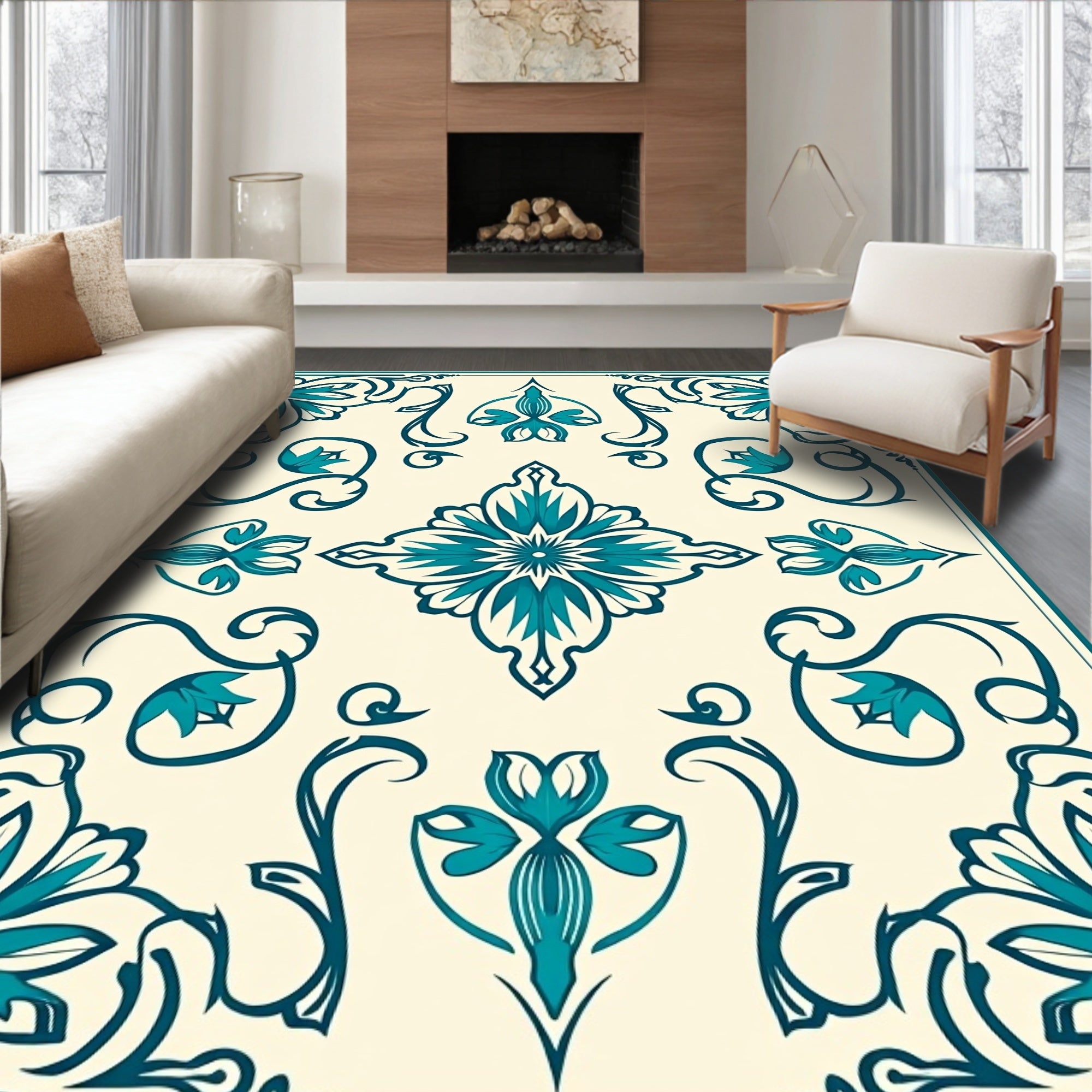 Teal Floral Medallion Cream Square Rug