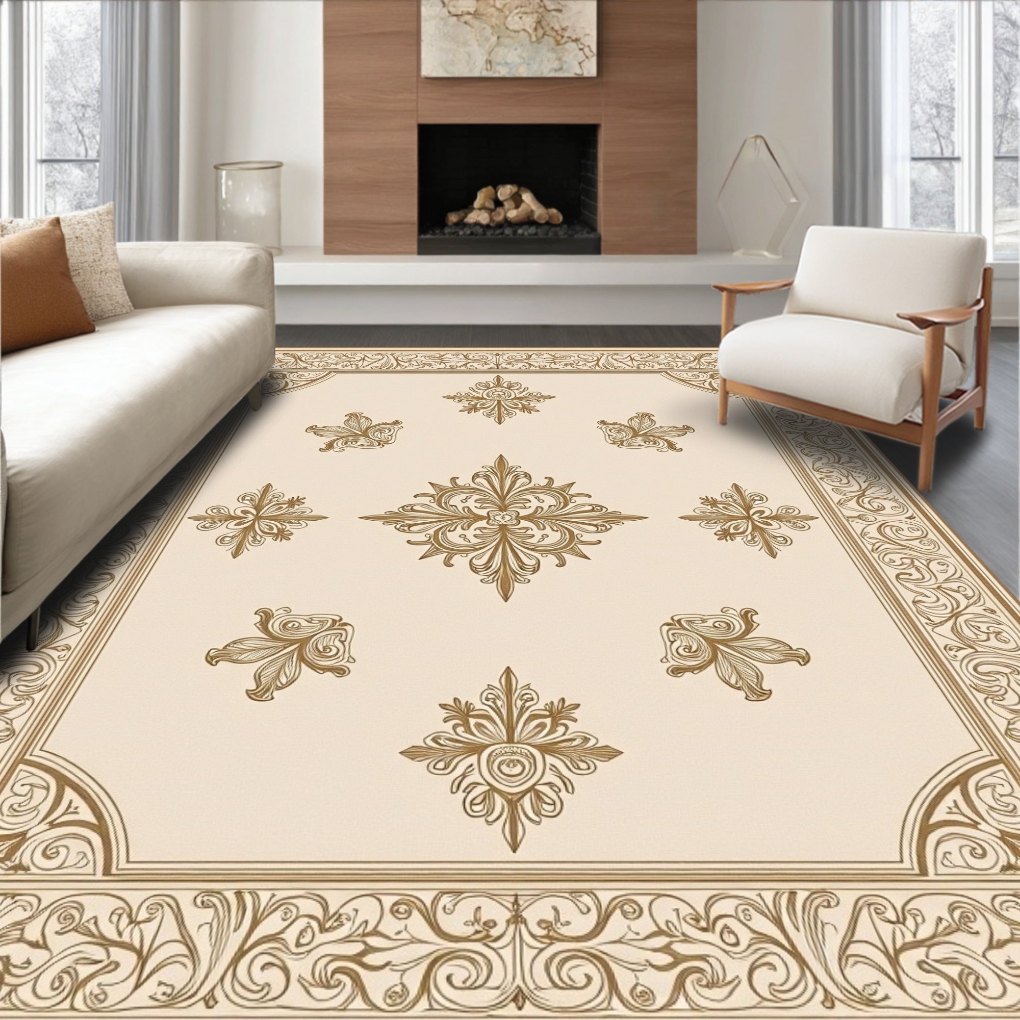 Ornate Gold Cream Floral Scroll Rug