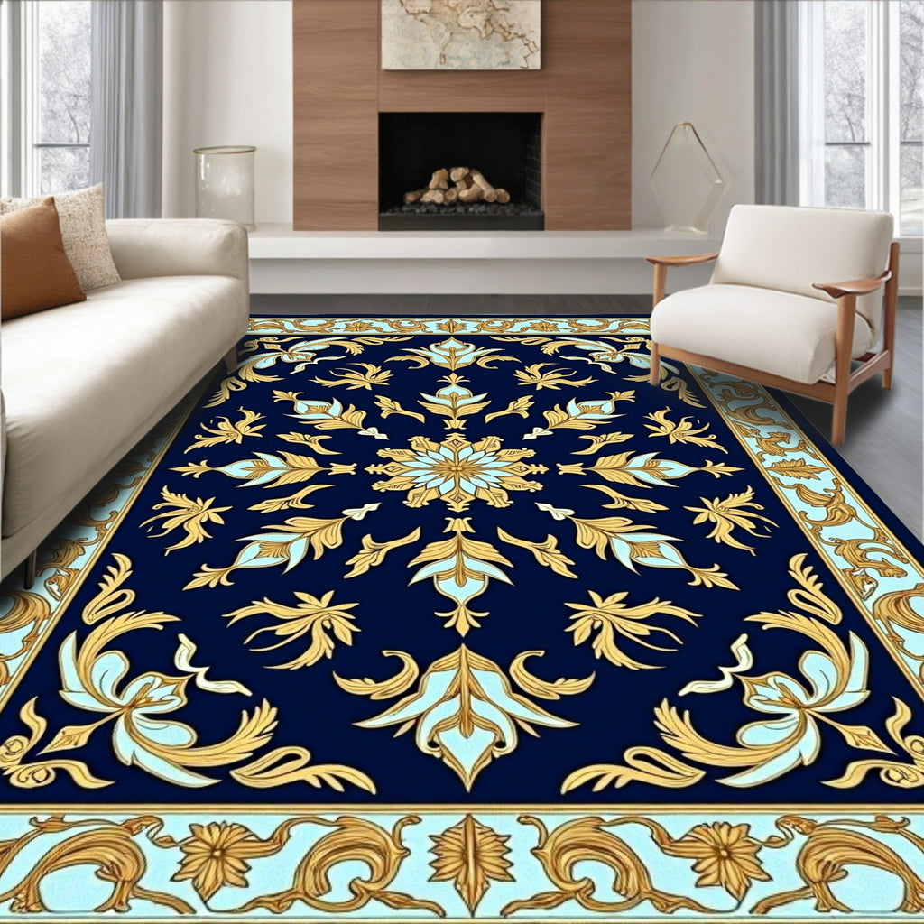 Navy Gold Floral Scroll Border Rug