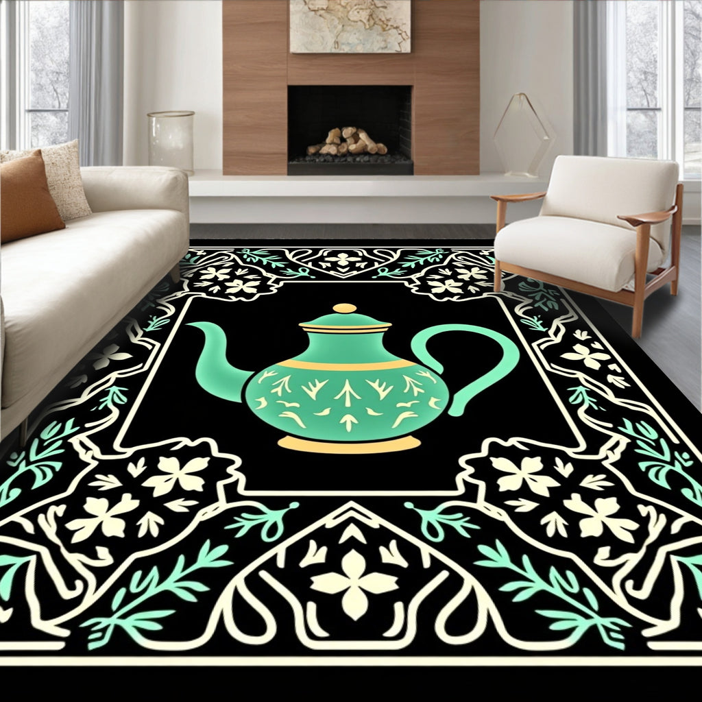 Teal Teapot Floral Border Art Rug