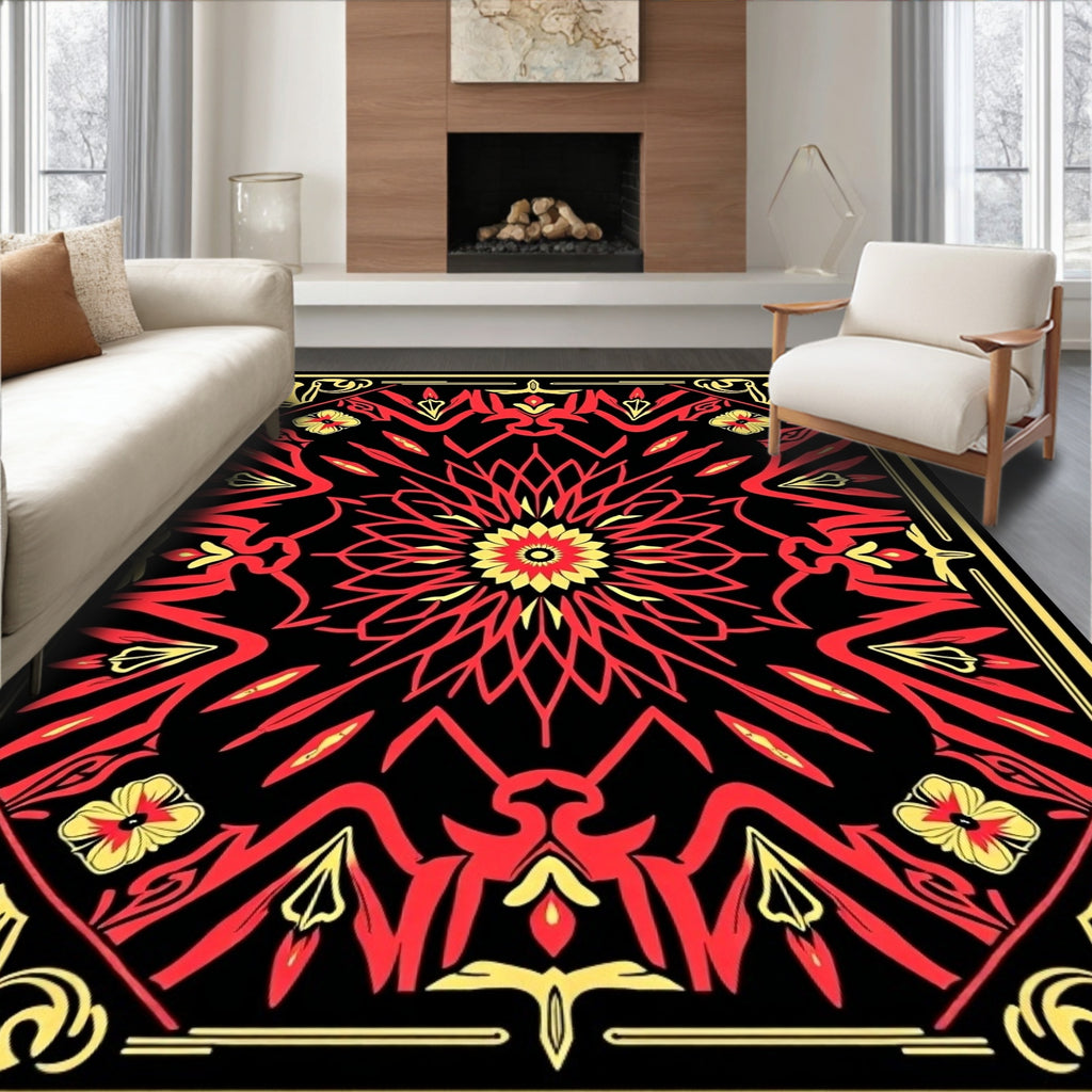 Vibrant Red Sunburst Floral Tapestry Rug