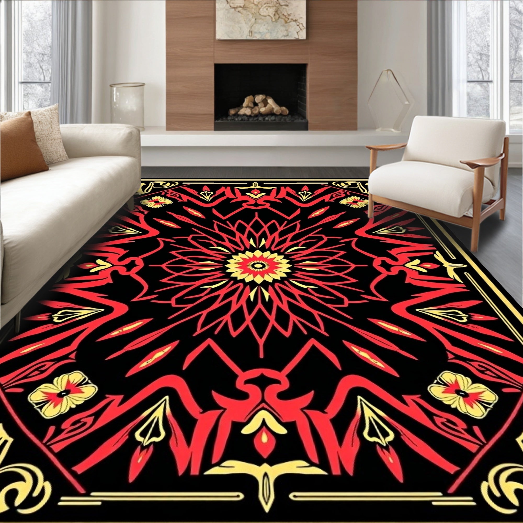 Vibrant Red Sunburst Floral Tapestry Rug