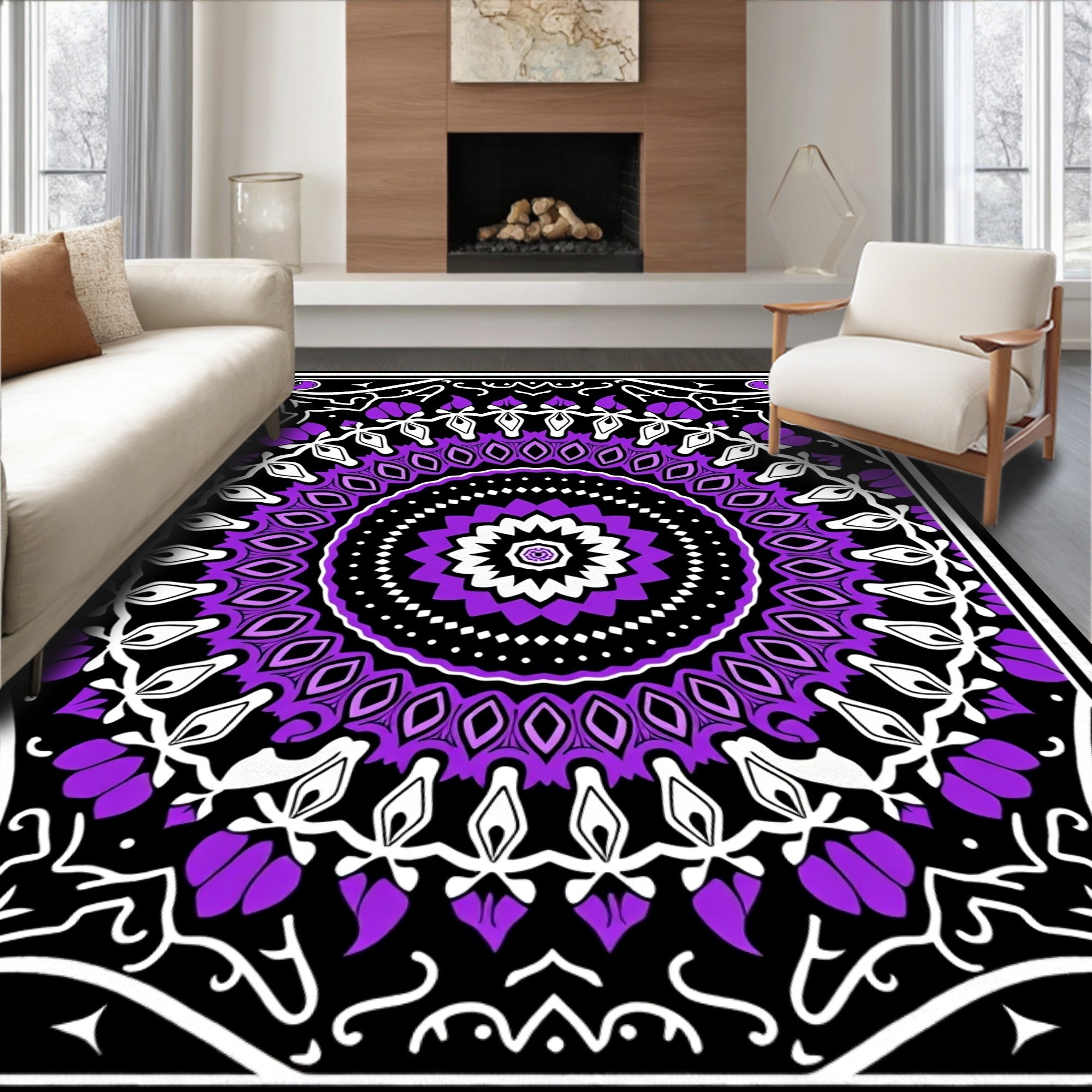 Vibrant Purple Black Floral Medallion Rug