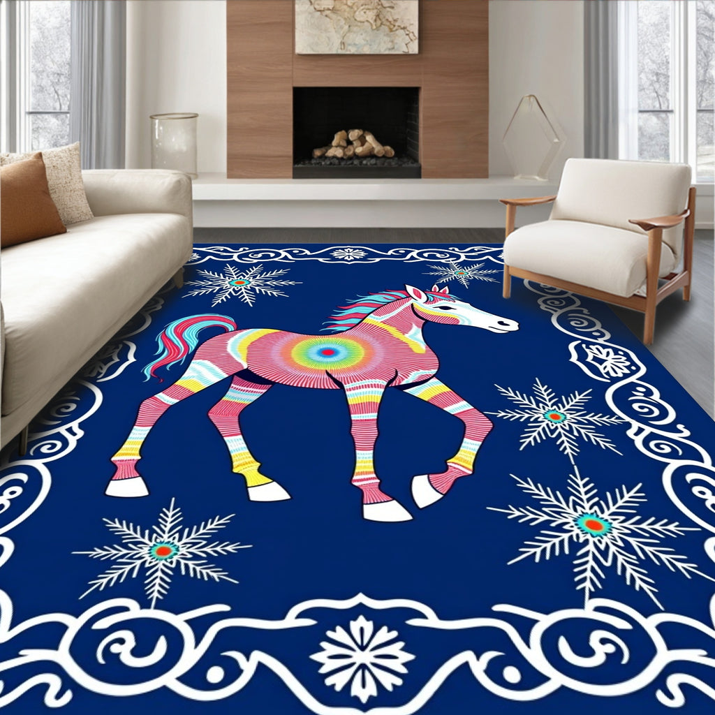 Rainbow Striped Horse Snowflakes Border Rug