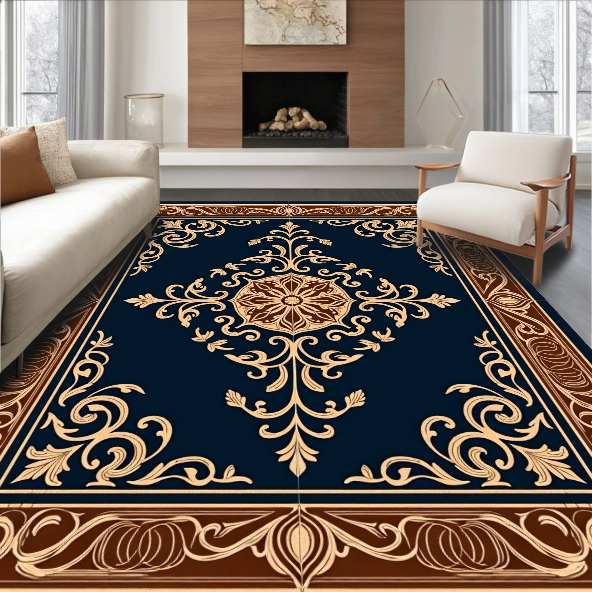 Classic Brown Floral Medallion Navy Rug