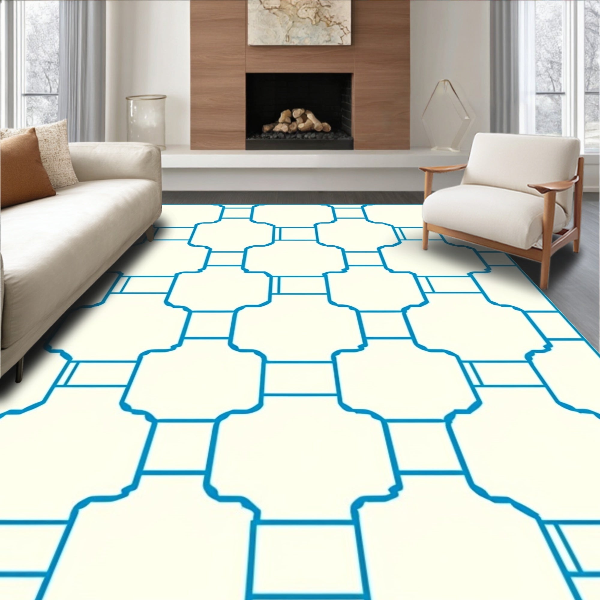 Aqua Geometric Lattice Medallion Rug