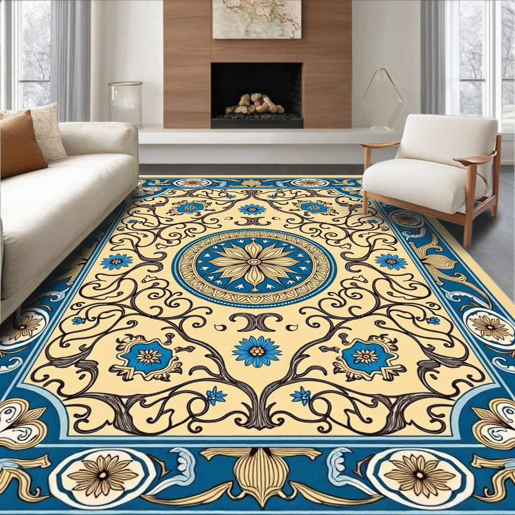 Cream Blue Floral Medallion Scrollwork Rug
