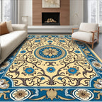 Cream Blue Floral Medallion Scrollwork Rug