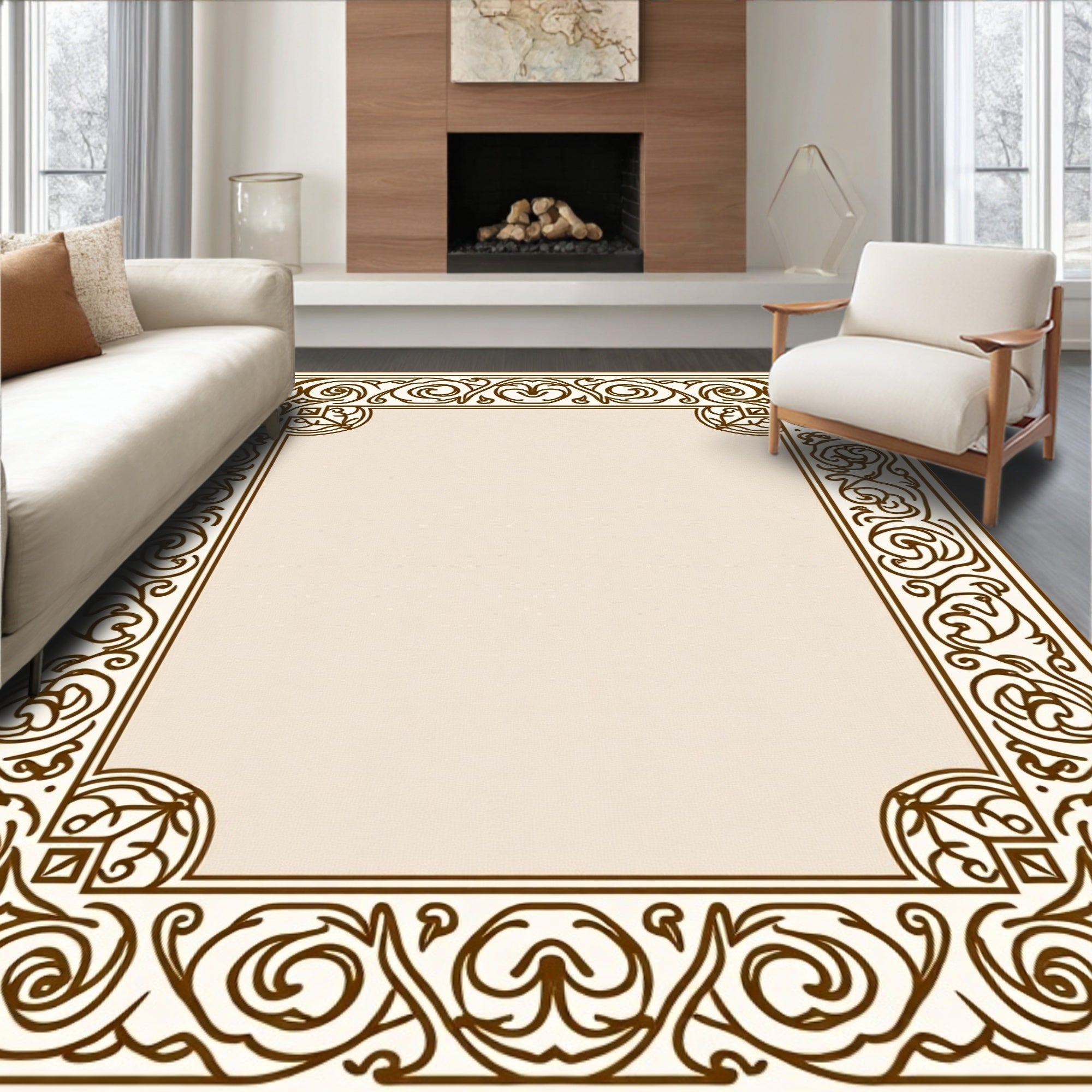Ornate Brown Floral Border Rug