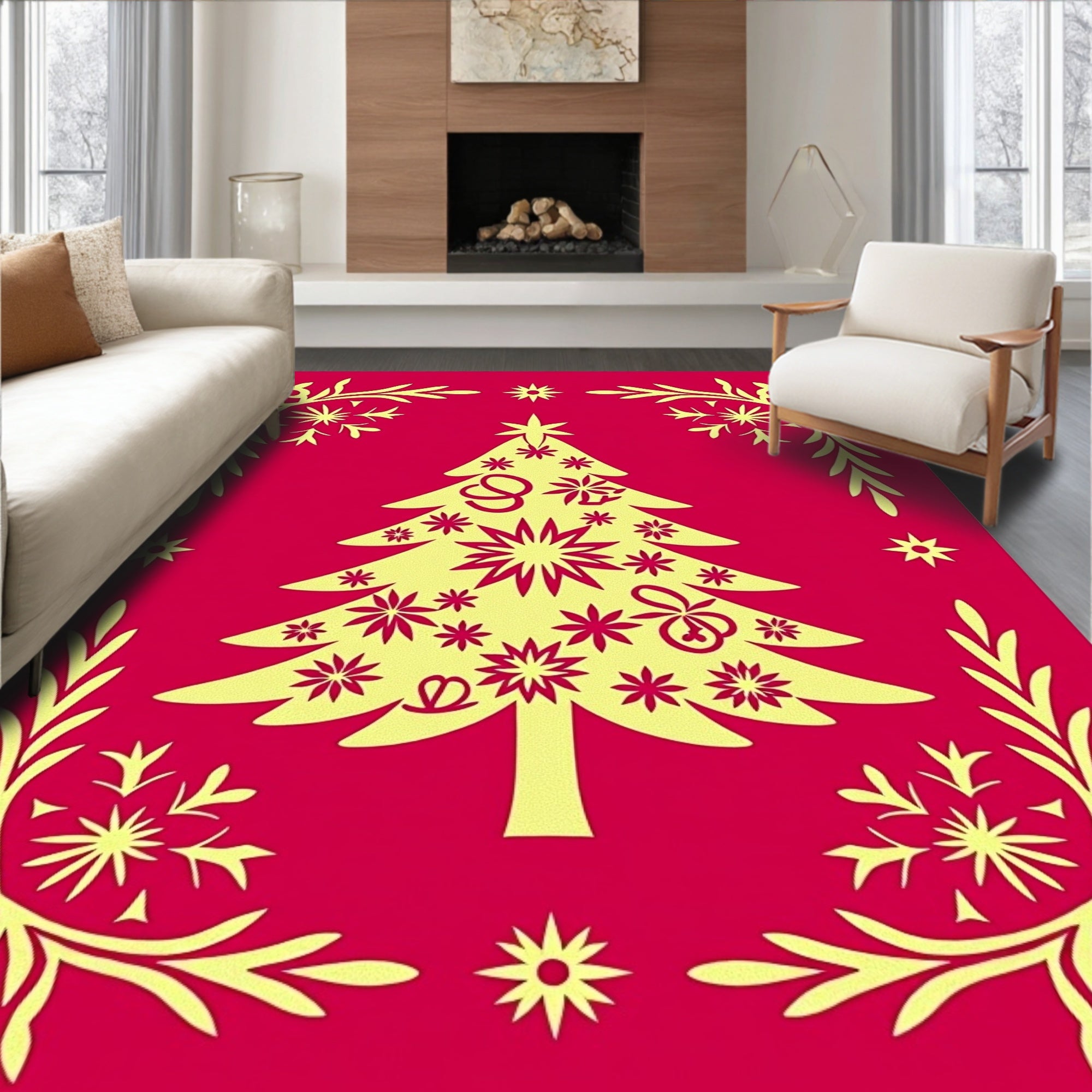 Festive Crimson Yellow Christmas Tree Rug
