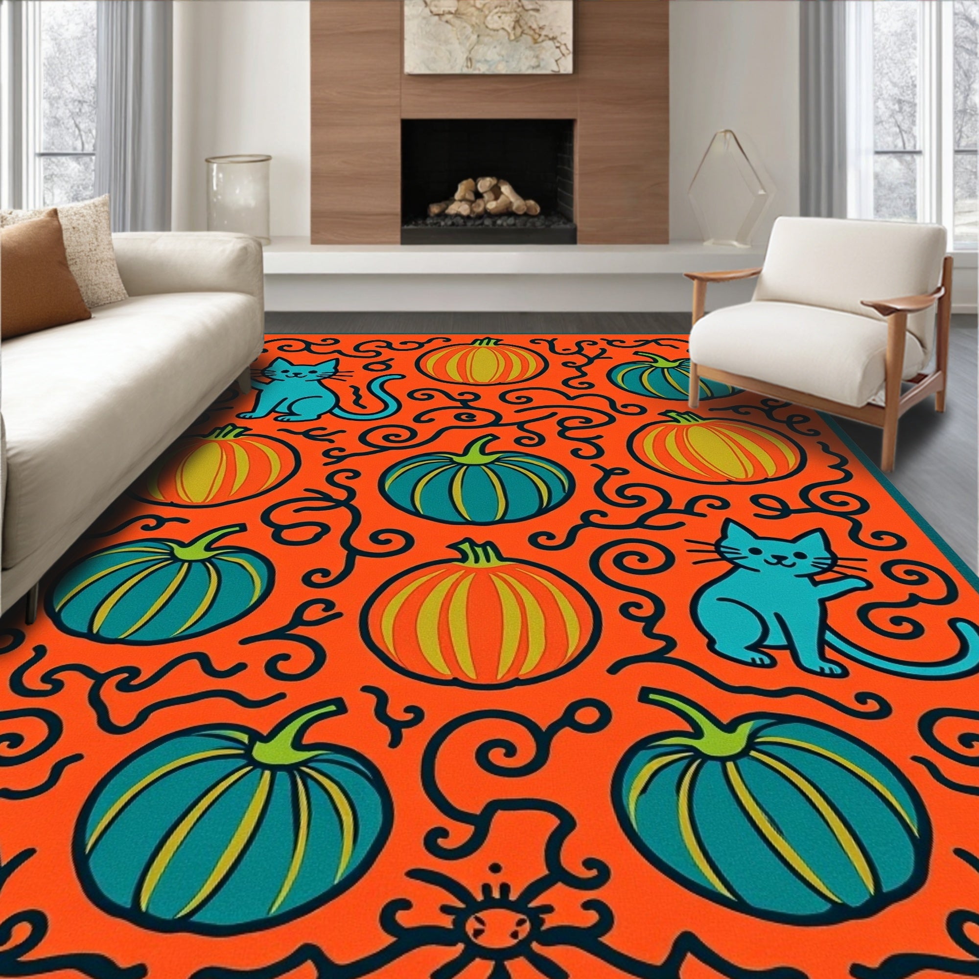Orange Teal Whimsical Cats Pumpkins Rug