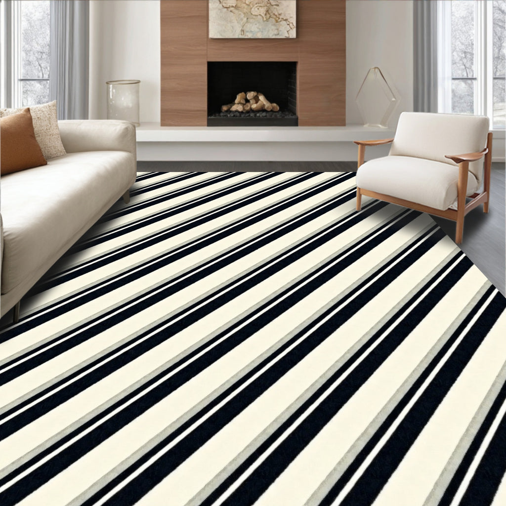 Cream and Navy Diagonal Stripe Rug