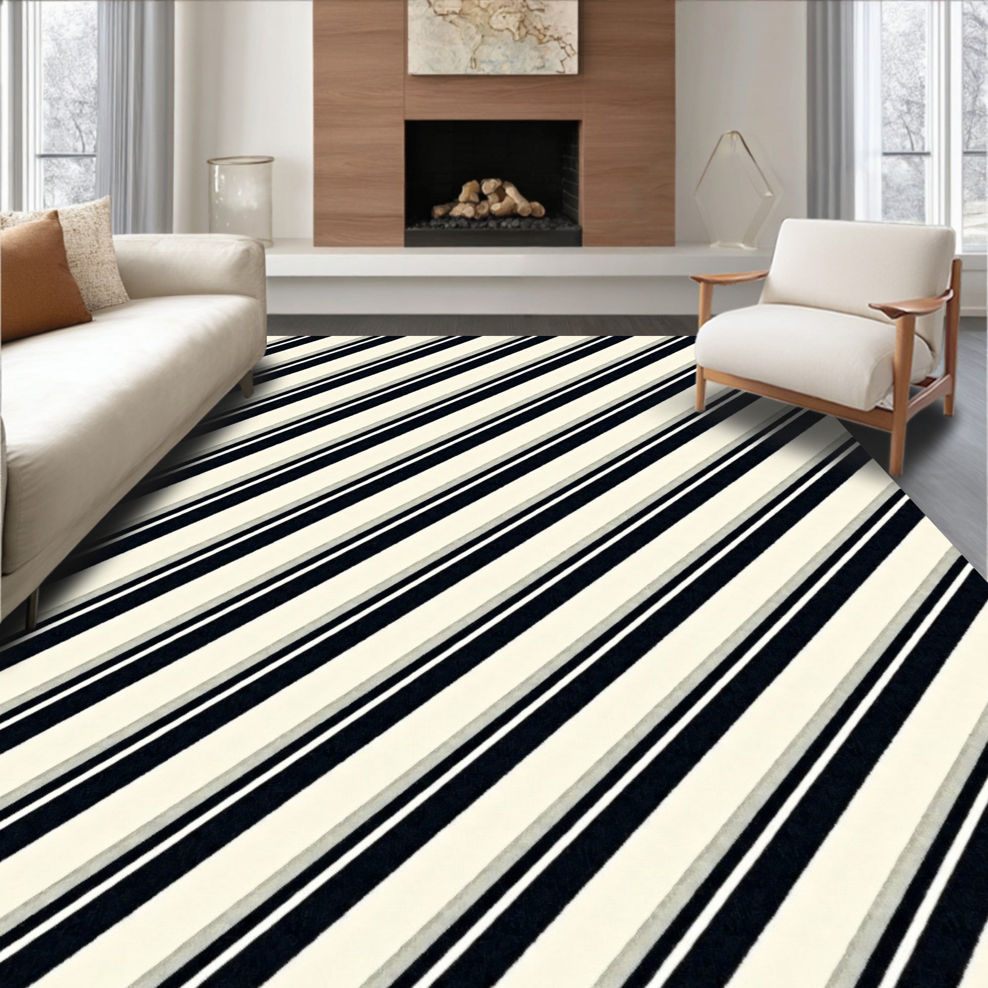 Cream and Navy Diagonal Stripe Rug