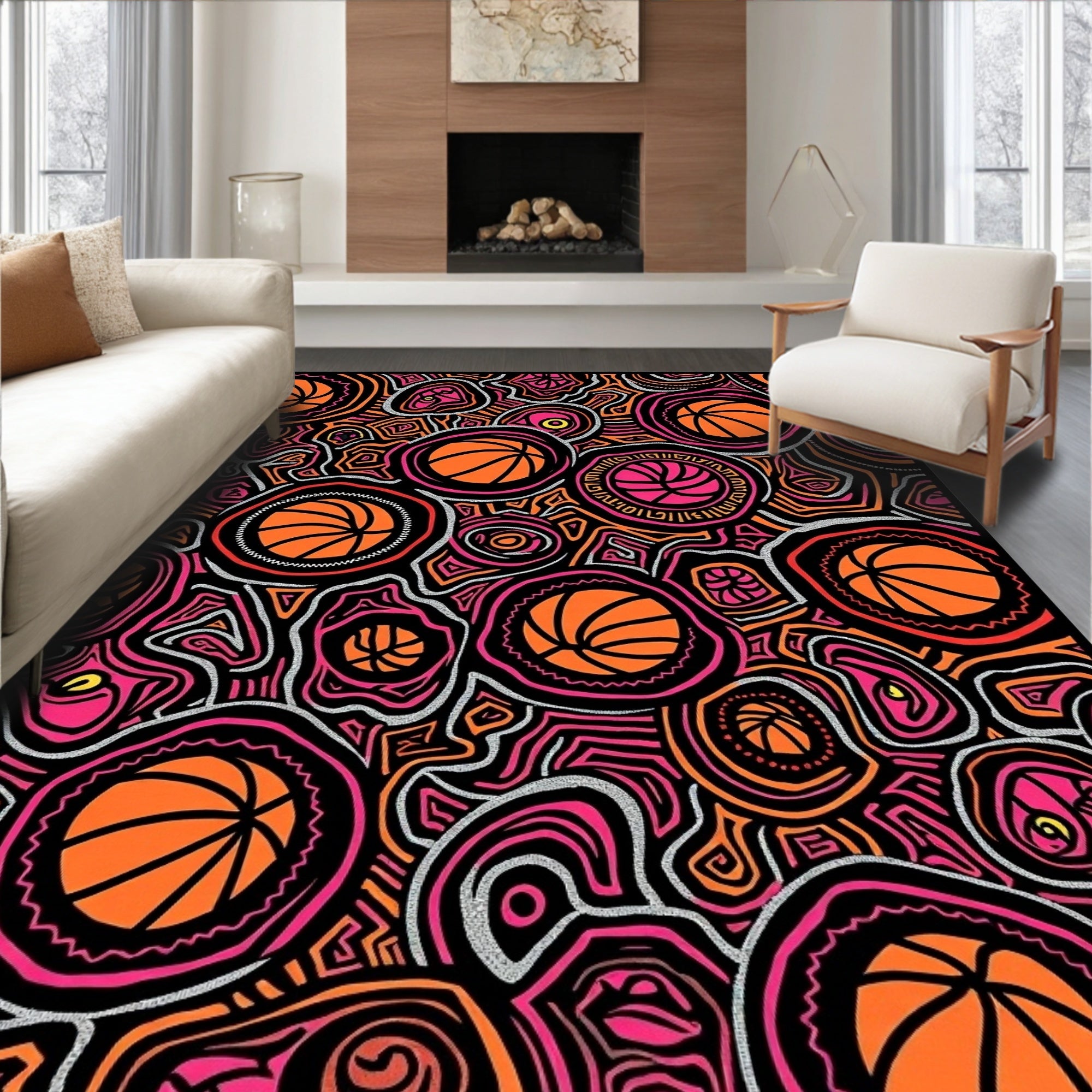 Colorful Basketball Circles Abstract Art Rug