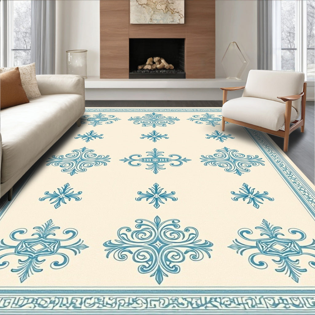 Classic Teal Medallion Cream Border Rug
