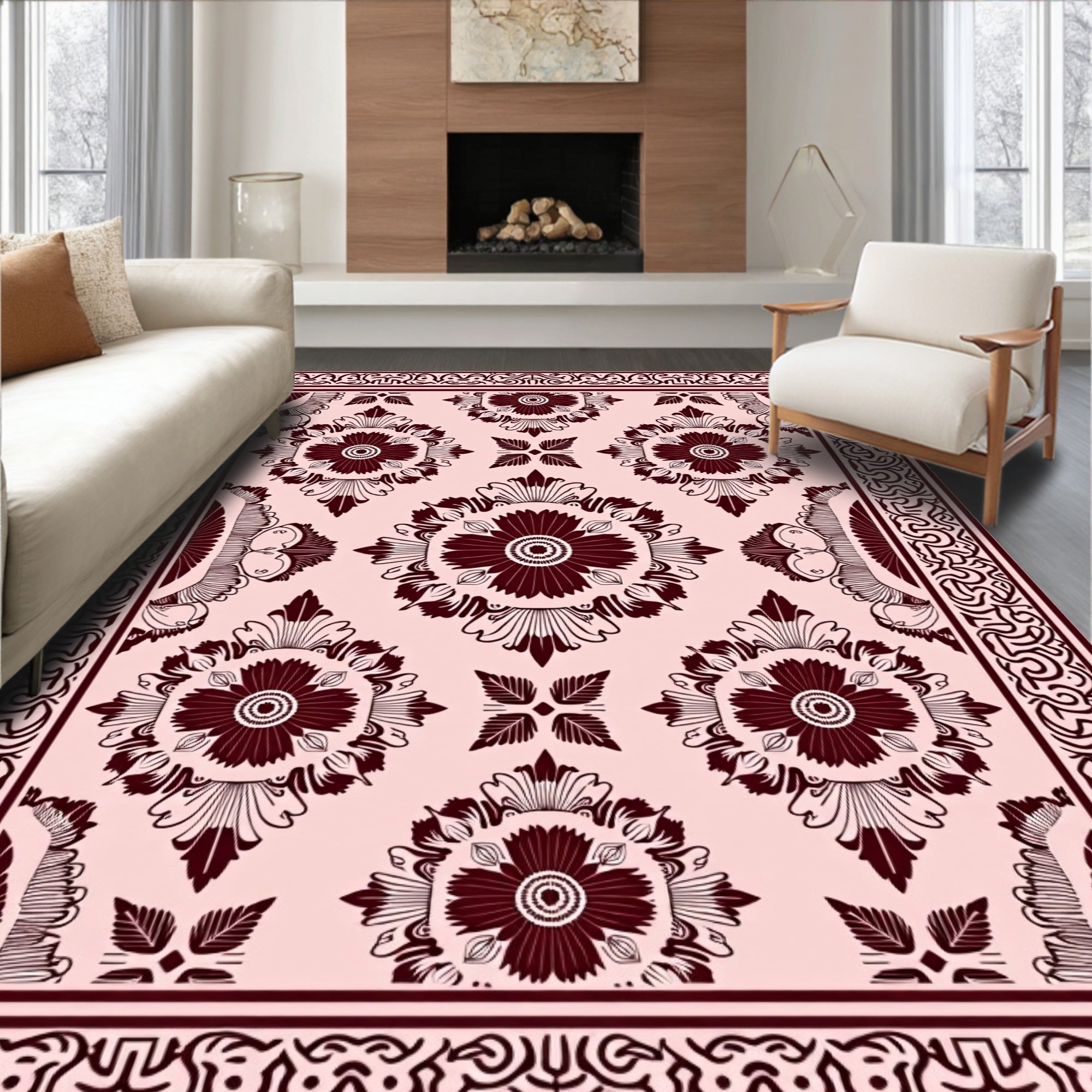 Burgundy Floral Medallion Lattice Rug
