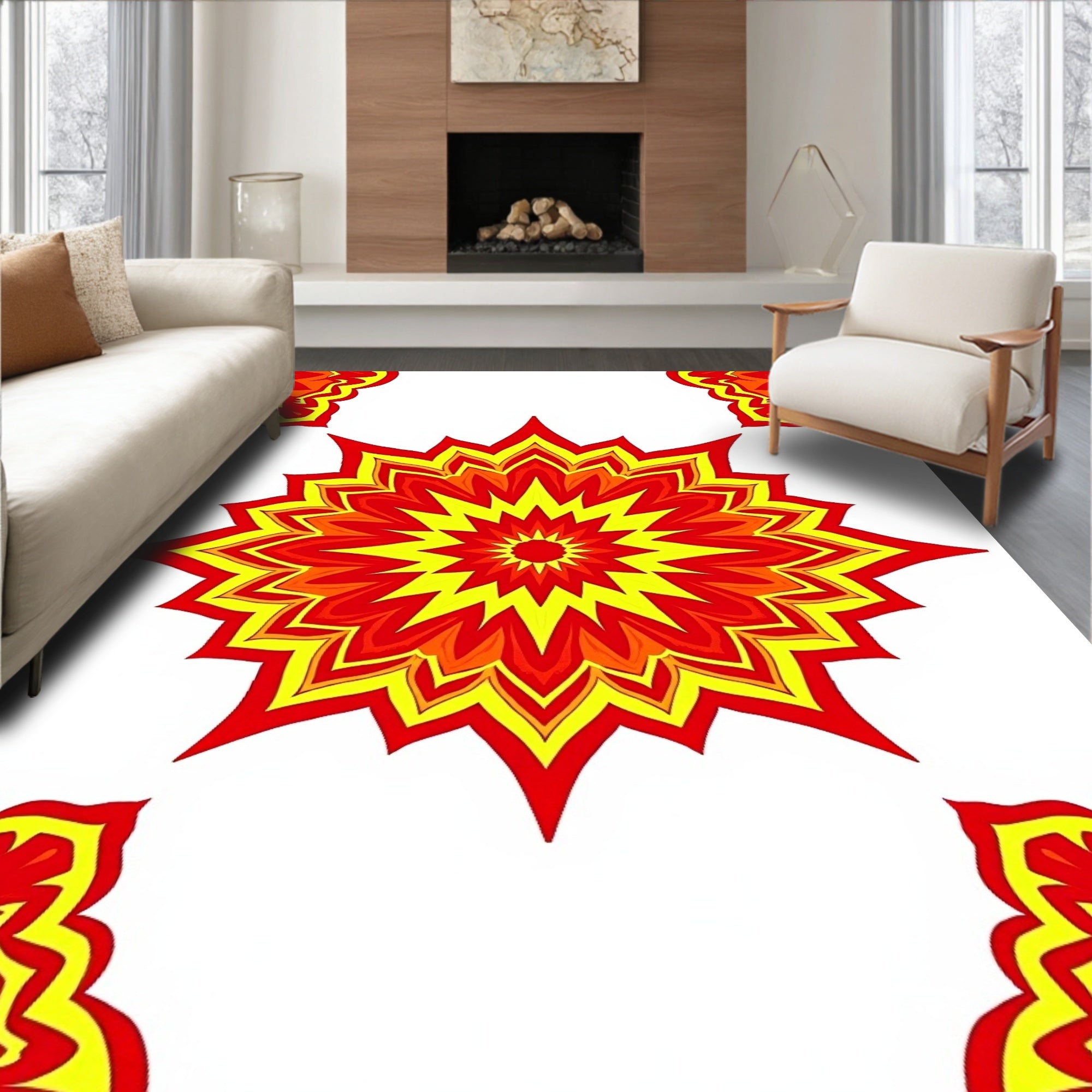 Fiery Red Yellow Starburst Mandala Rug