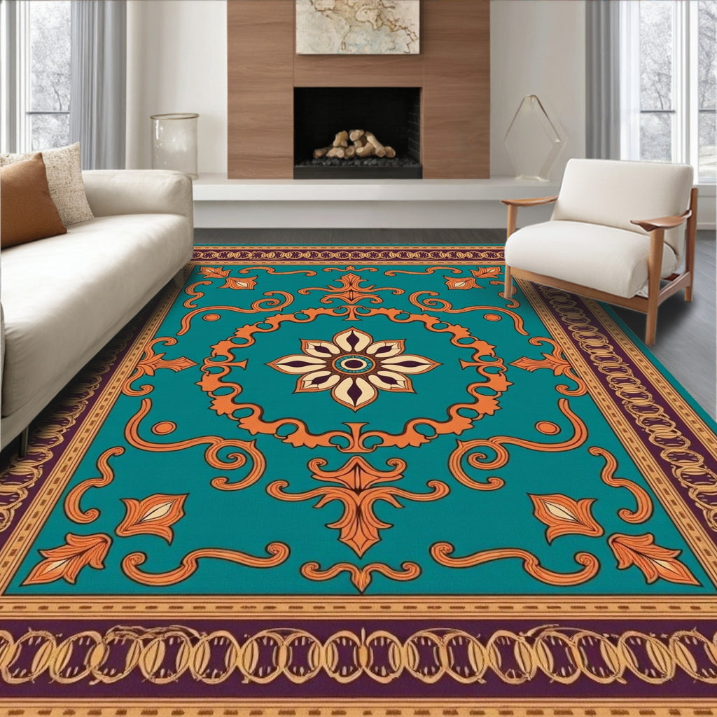 Teal Orange Floral Medallion Arabesque Rug
