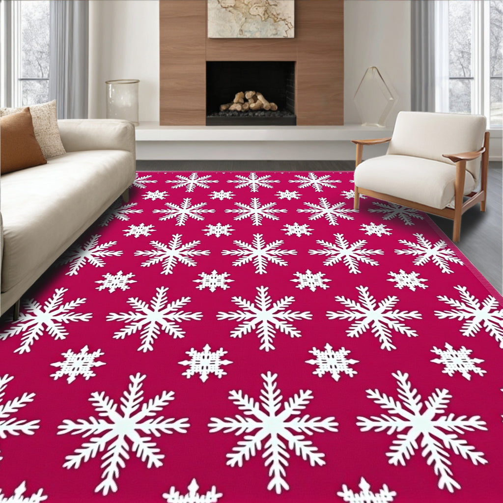 White Snowflakes Scatter Across Pink Rug