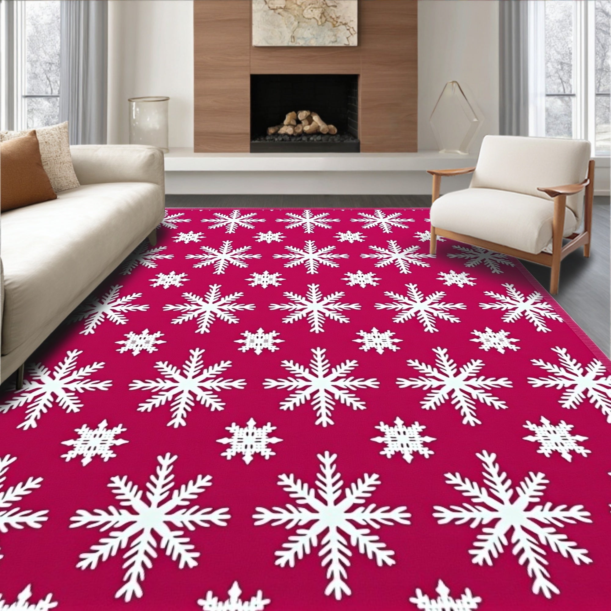 White Snowflakes Scatter Across Pink Rug