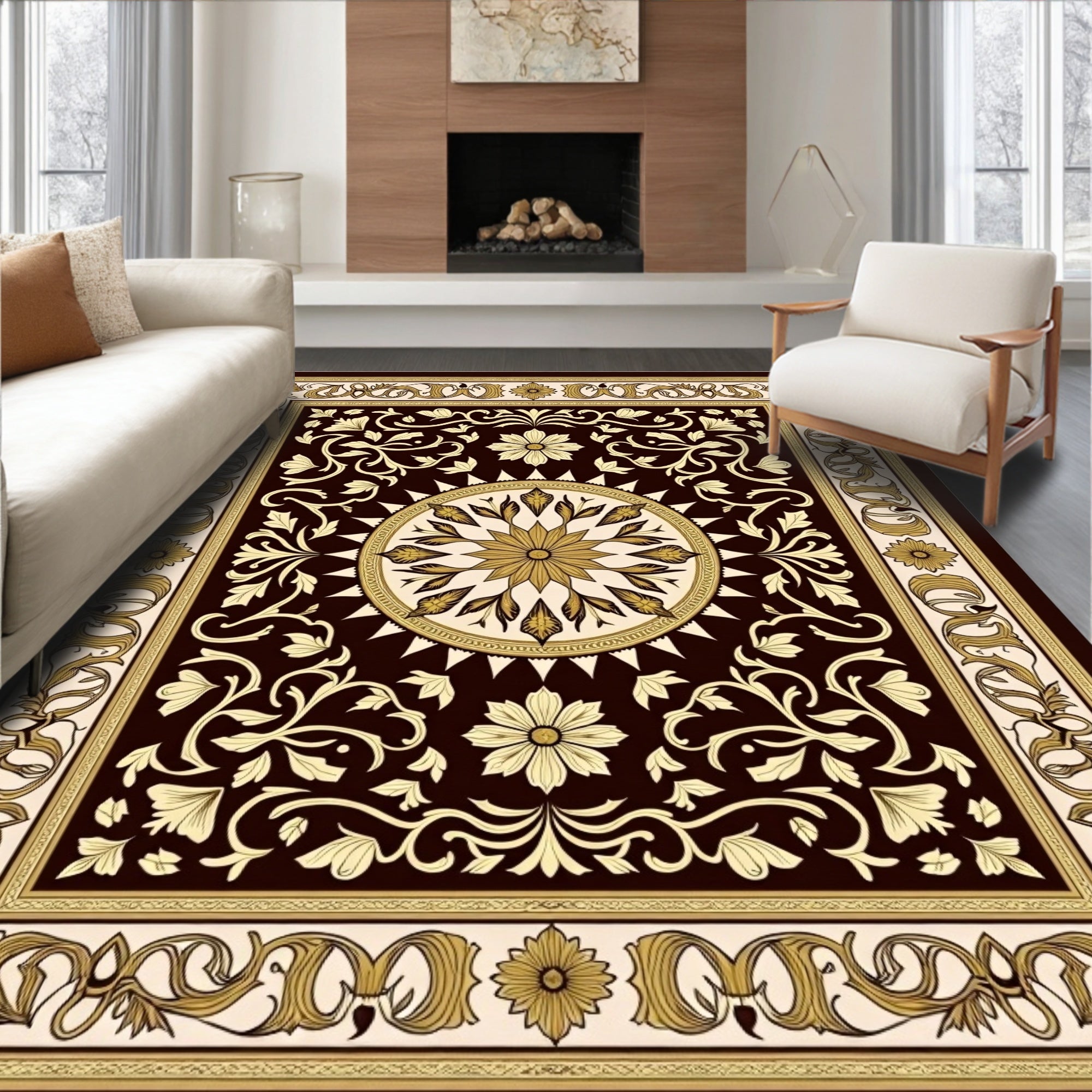 Dark Brown Gold Floral Medallion Courtly Rug