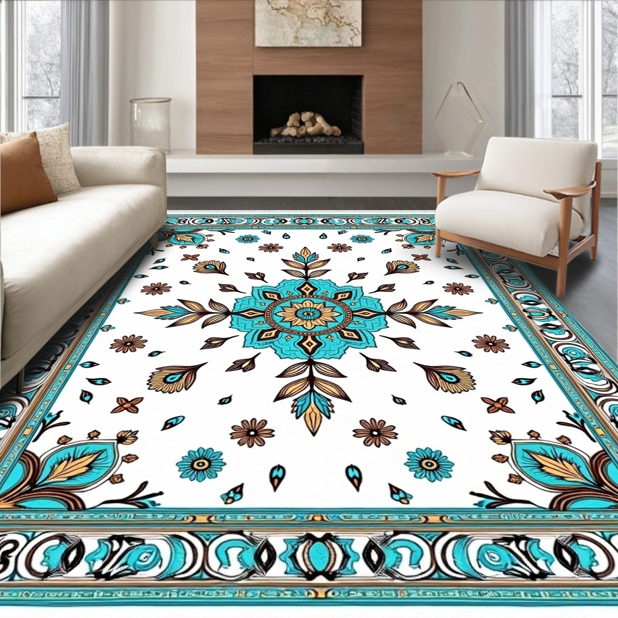 Aqua and Gold Floral Medallion Rug