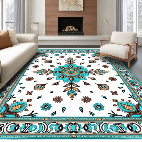 Aqua and Gold Floral Medallion Rug