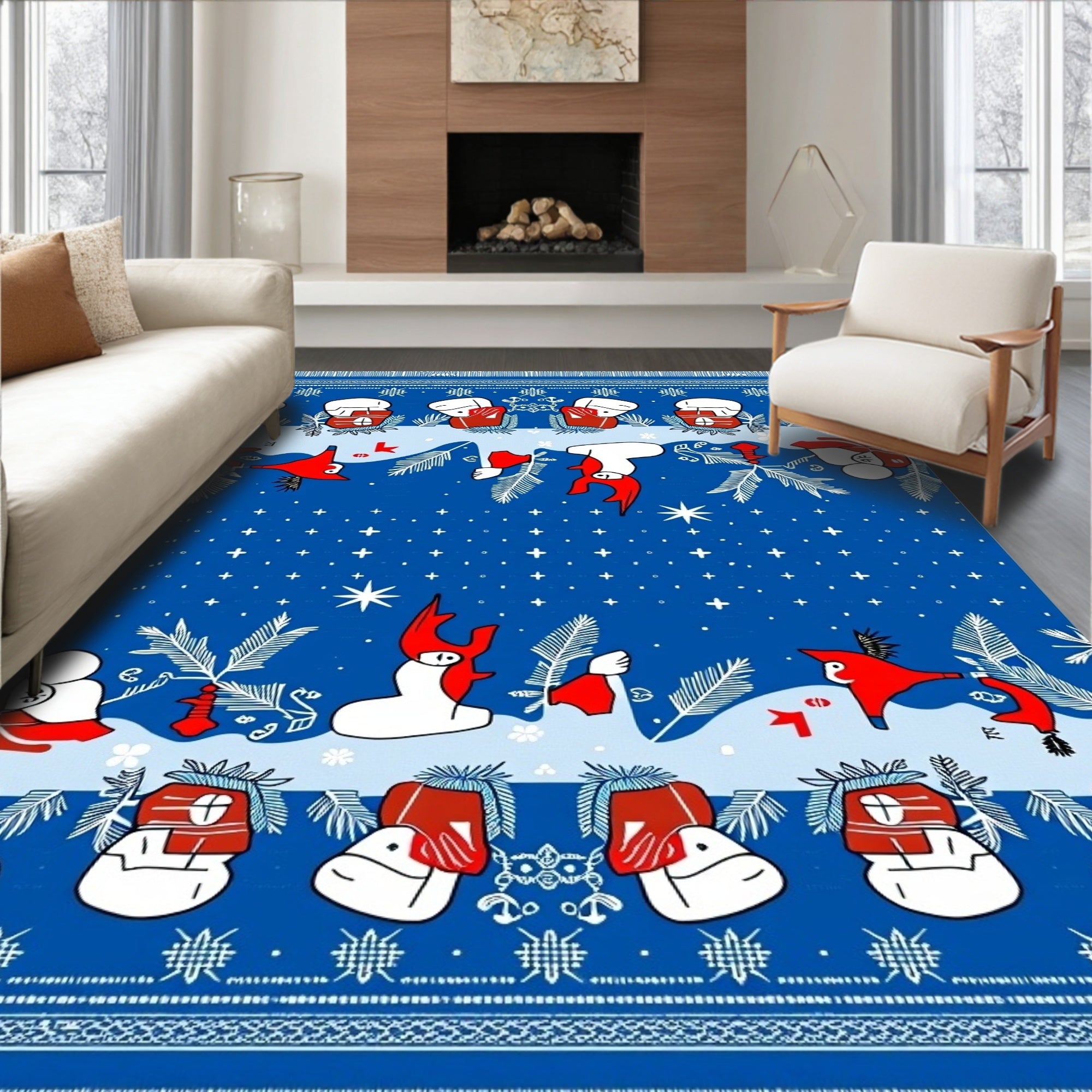 Whimsical Red White Figures Blue Night Rug