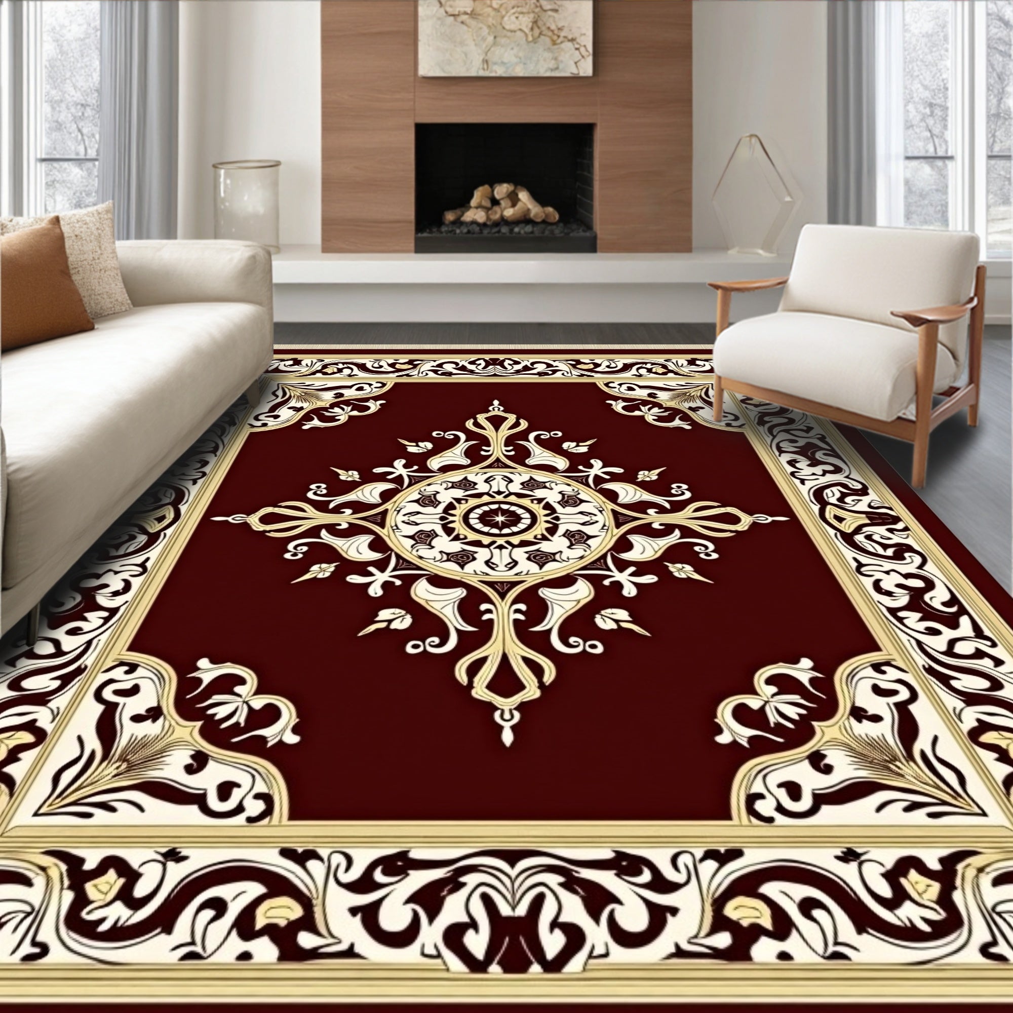 Burgundy Gold Medallion Scroll Frame Rug