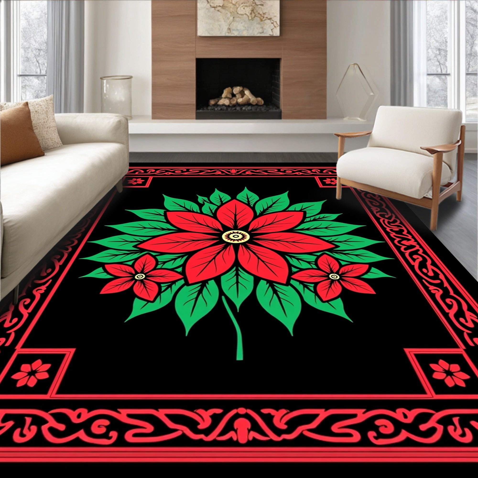 Red Green Floral Square Border Rug